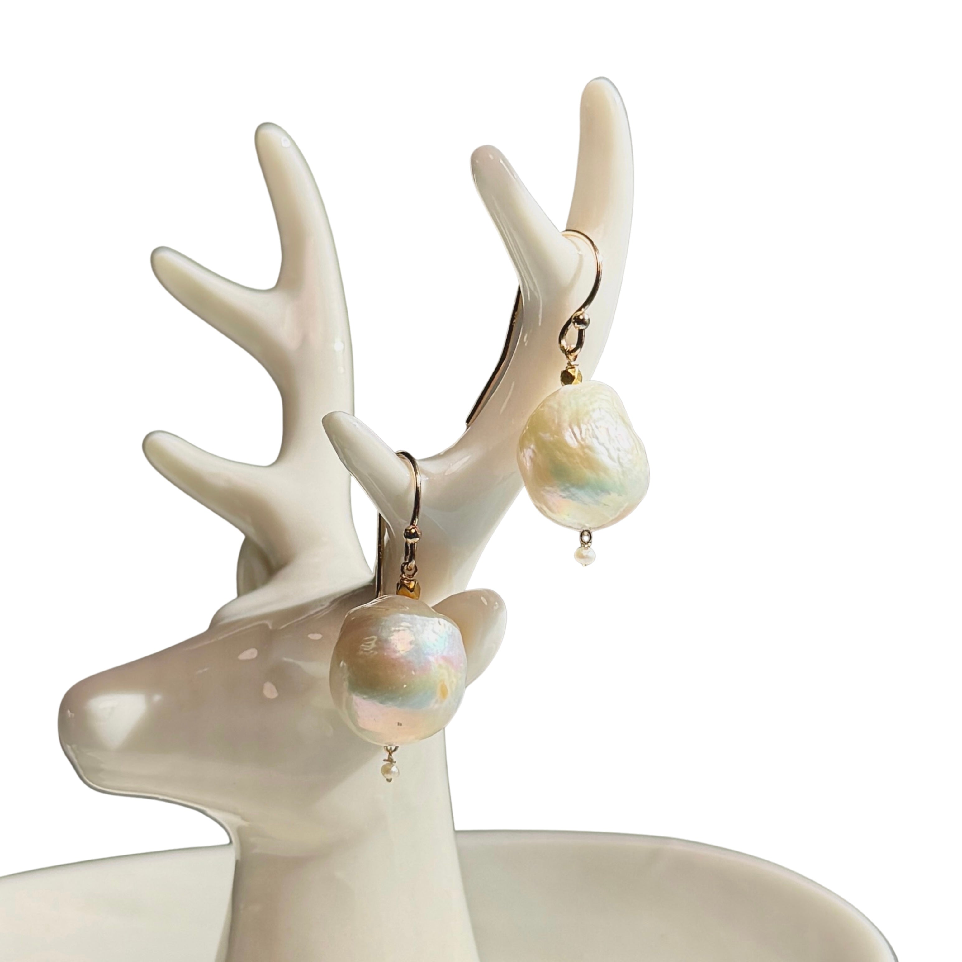 14k Gold Earrings w/ Edison Pearls & 18k Gold Nugget