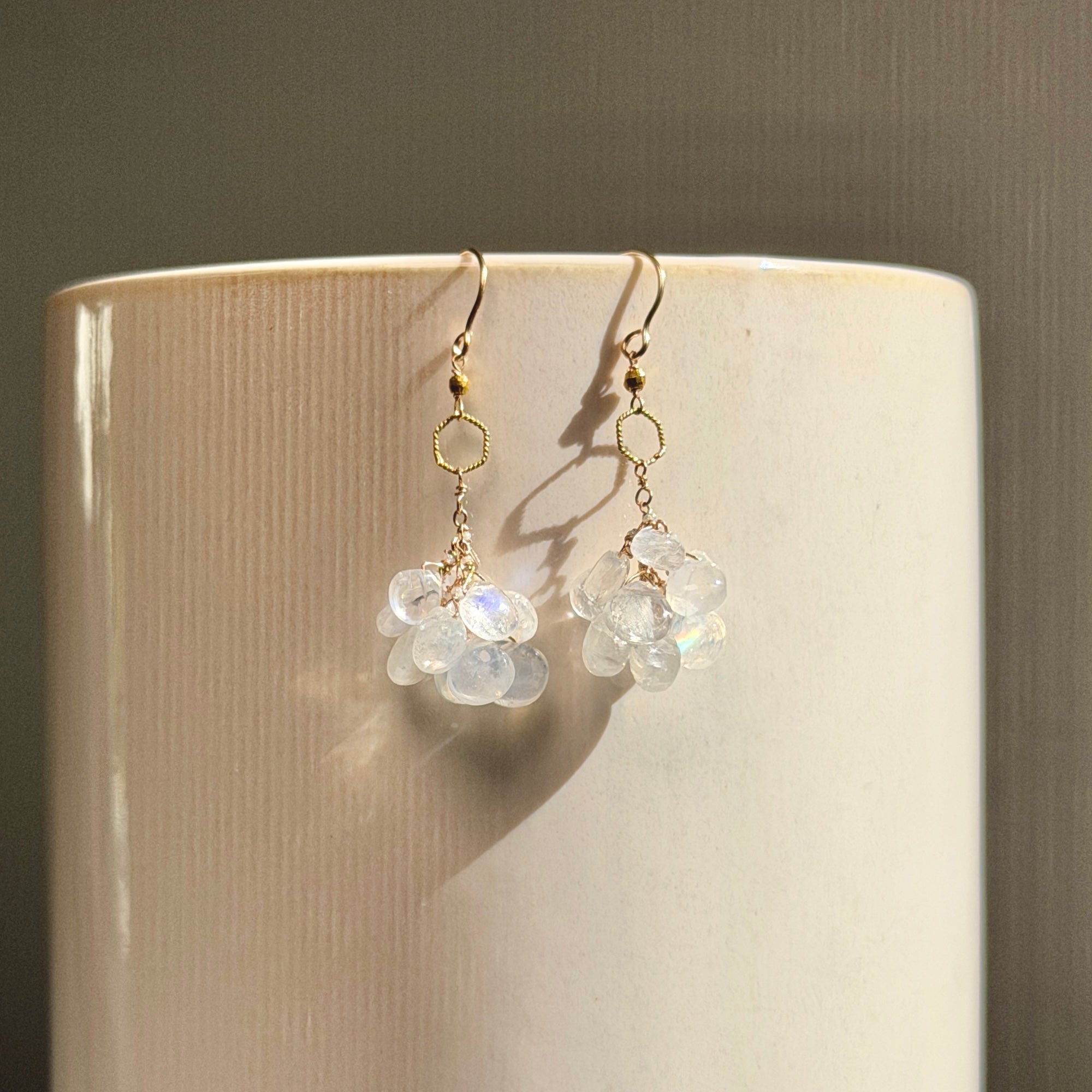 14k Gold Earrings w/ Moonstone, 18k Gold Loop & 18k Gold Nugget