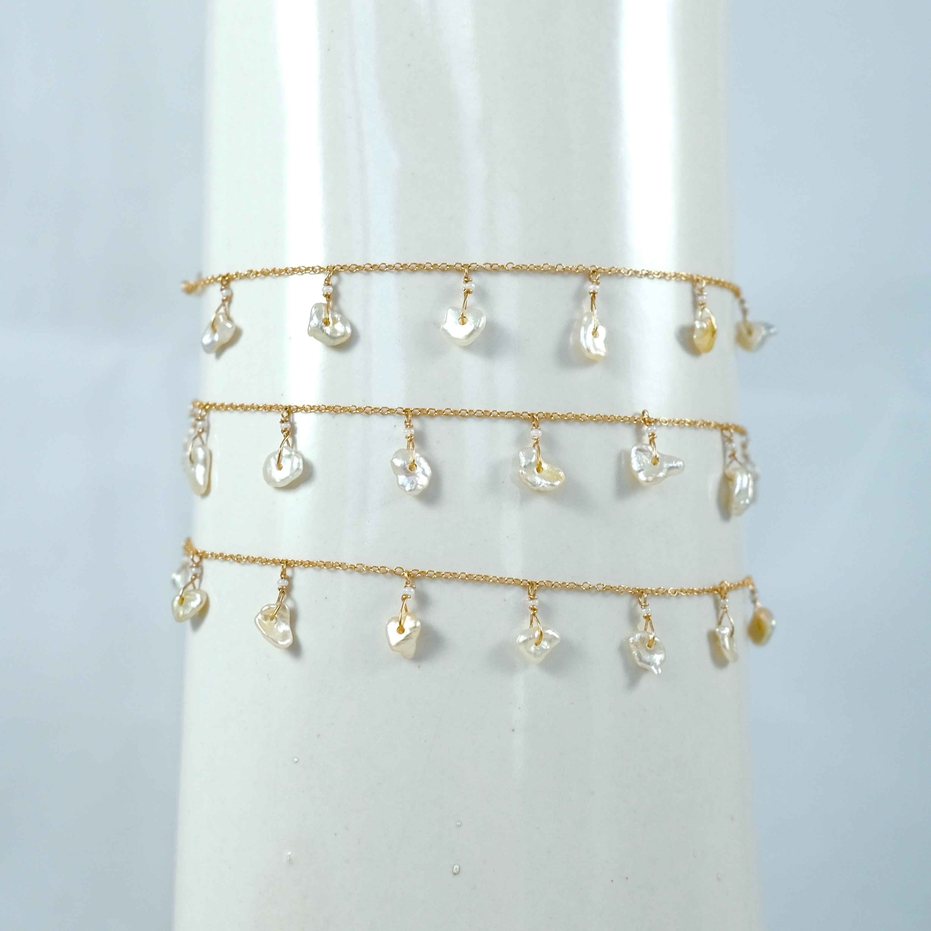14k Gold Chain Necklace w/ Japanese Akoya Pearls / Saltwater Keshi Pearls & Antique Italian Beads