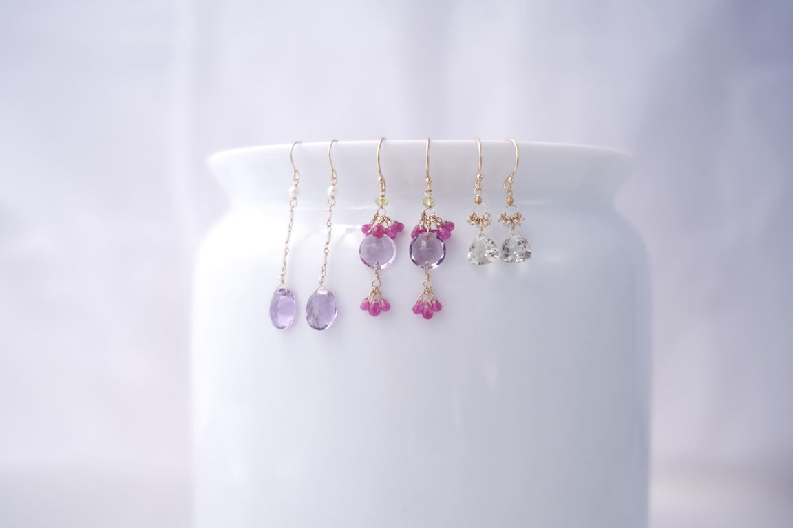 14k Gold Earrings w/ Amethyst, Pink Sapphires & Peridot