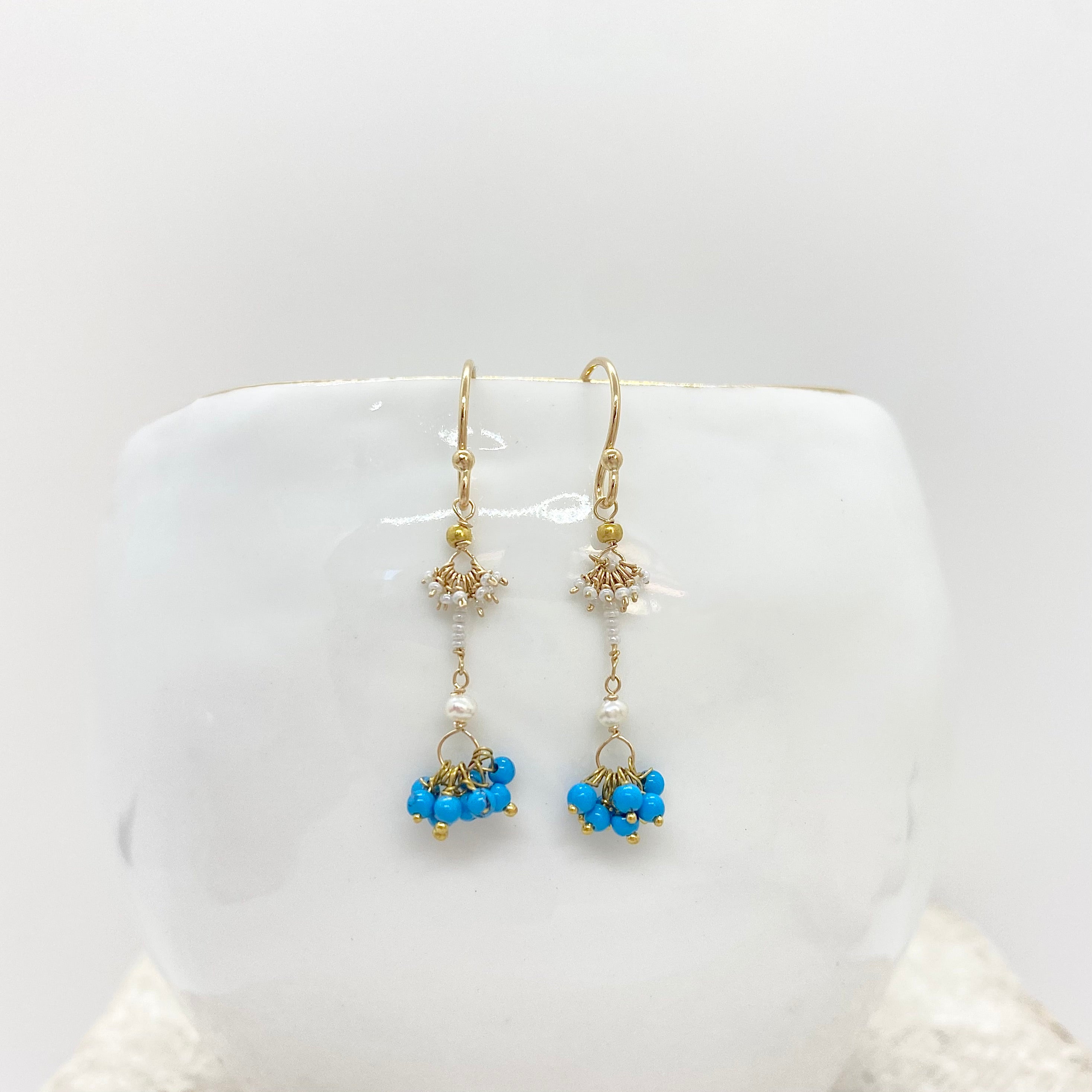 14k Gold Earrings w/ Turquoise, Freshwater Pearl, 18k Gold Nugget & Antique Italian Beads
