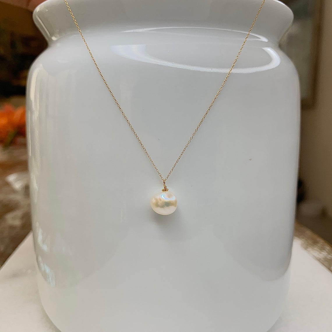 14k Gold Chain Necklace w/ Freshwater Pearl, Sapphire & 18k Gold Daisy