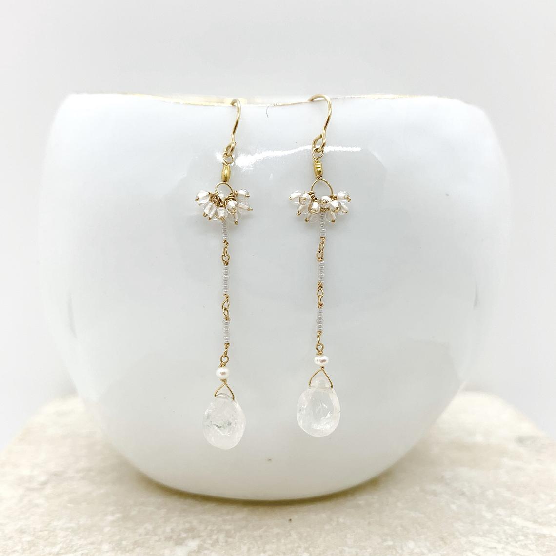 PEARL DROP EARRINGS - Water Pearl Gold Drop Dangle - Brides Made Jewelry - 14k Drop Gold Nugget Jewelry - Moonstone Italian Bead Earring`
