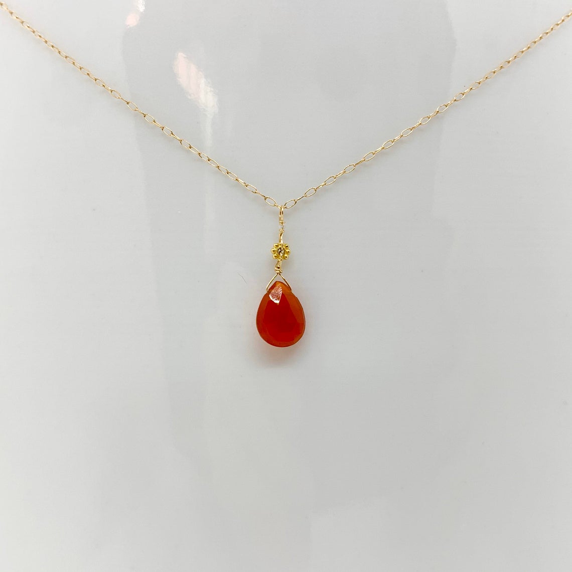 14k Gold Chain Necklace w/ Mexican Fire Opal, 18k Gold Daisy & Antique Italian Bead