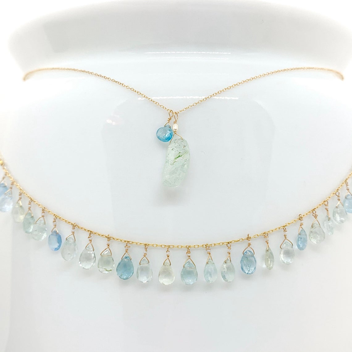 14k Gold Chain Necklace w/ Freshwater Pearl, Aquamarine, Antique Italian Beads & 18k Gold Nuggets