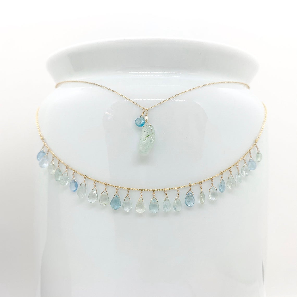 14k Gold Chain Necklace w/ Freshwater Pearl, Aquamarine, Antique Italian Beads & 18k Gold Nuggets