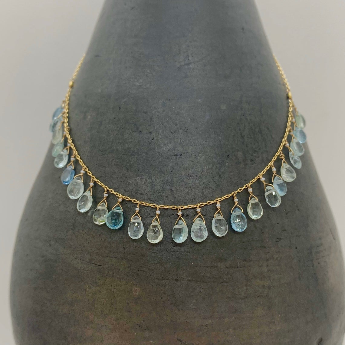 14k Gold Chain Necklace w/ Freshwater Pearl, Aquamarine, Antique Italian Beads & 18k Gold Nuggets