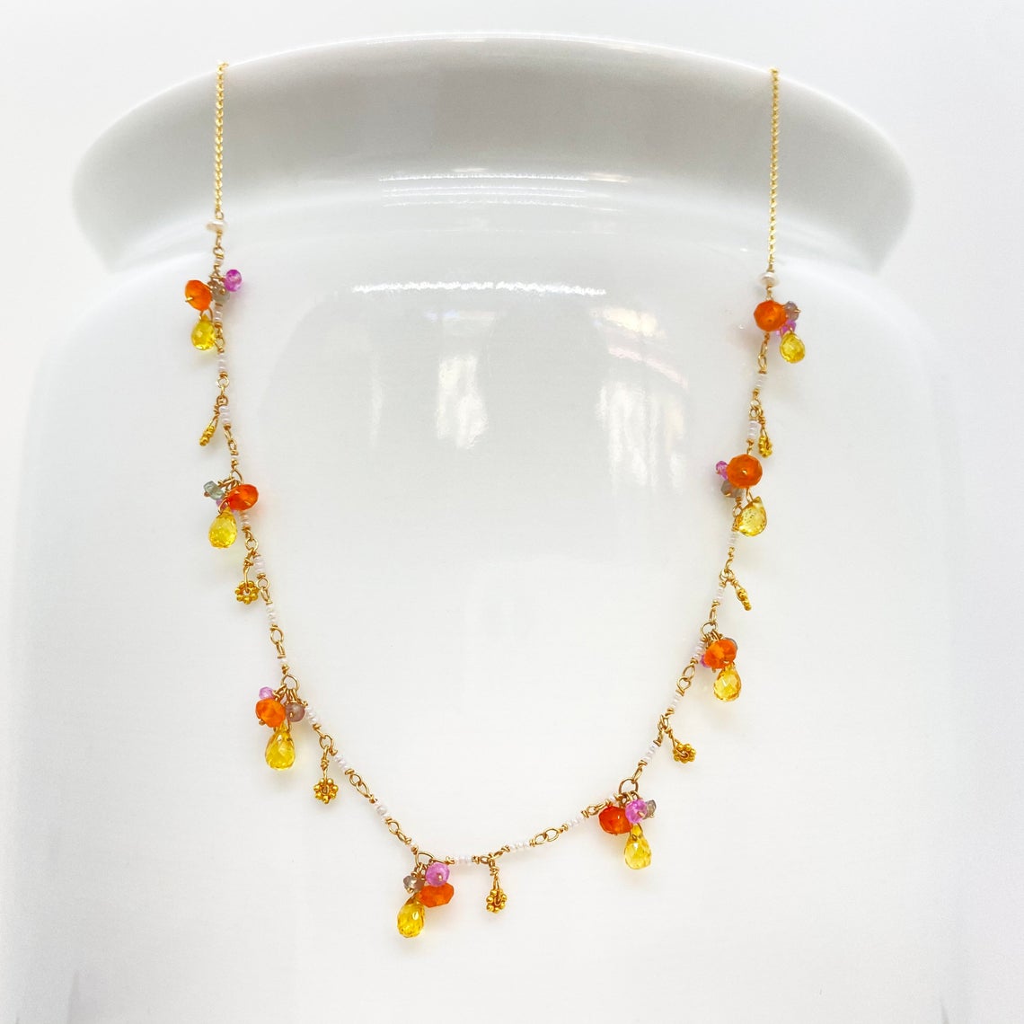 14k Gold Chain Necklace w/ Yellow Sapphire, Carnelian, Pink Sapphire, Antique Italian Beads, 18k Gold Daisies & Freshwater Pearls