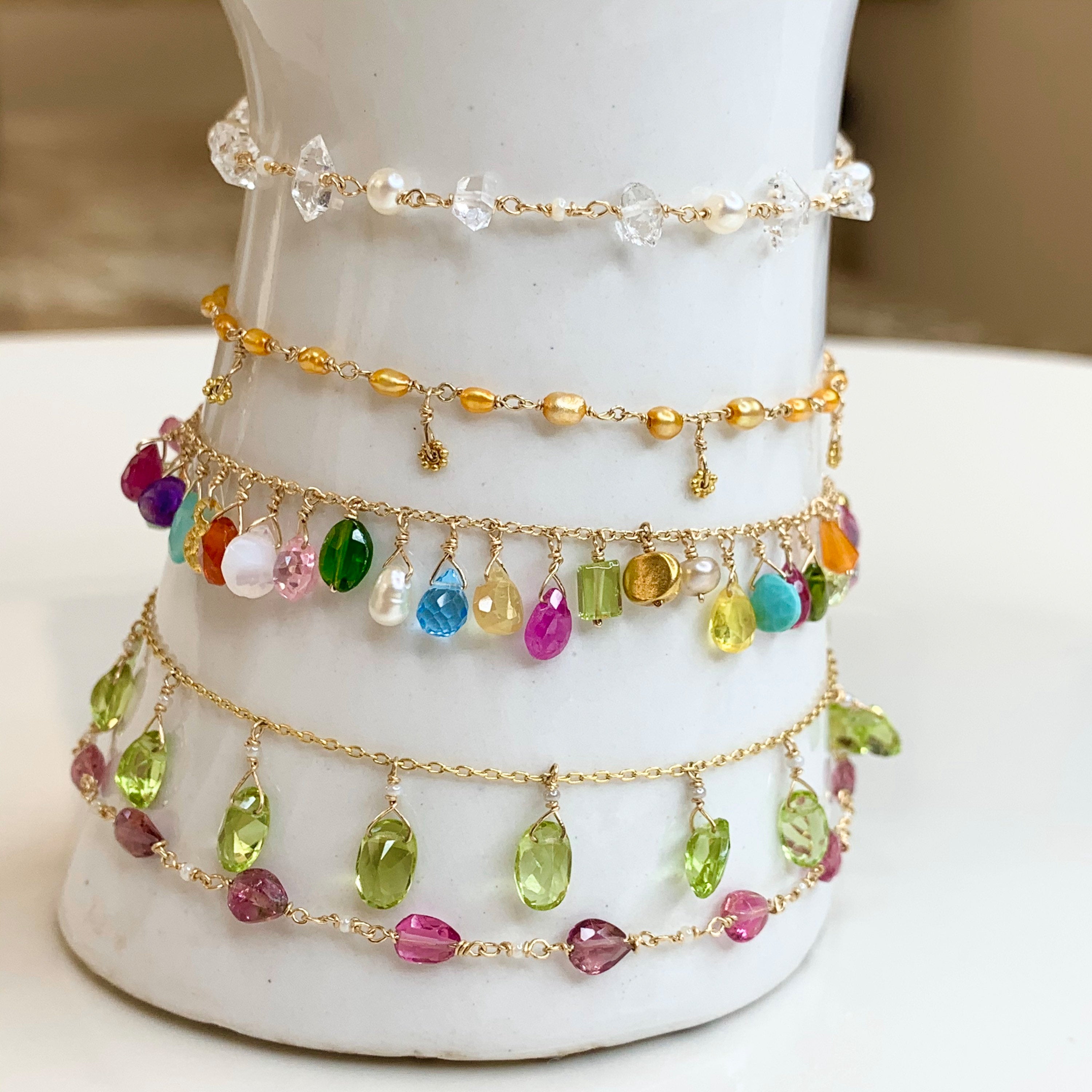 14k Gold Chain Bracelet s/ Peridot & Antique Italian Beads