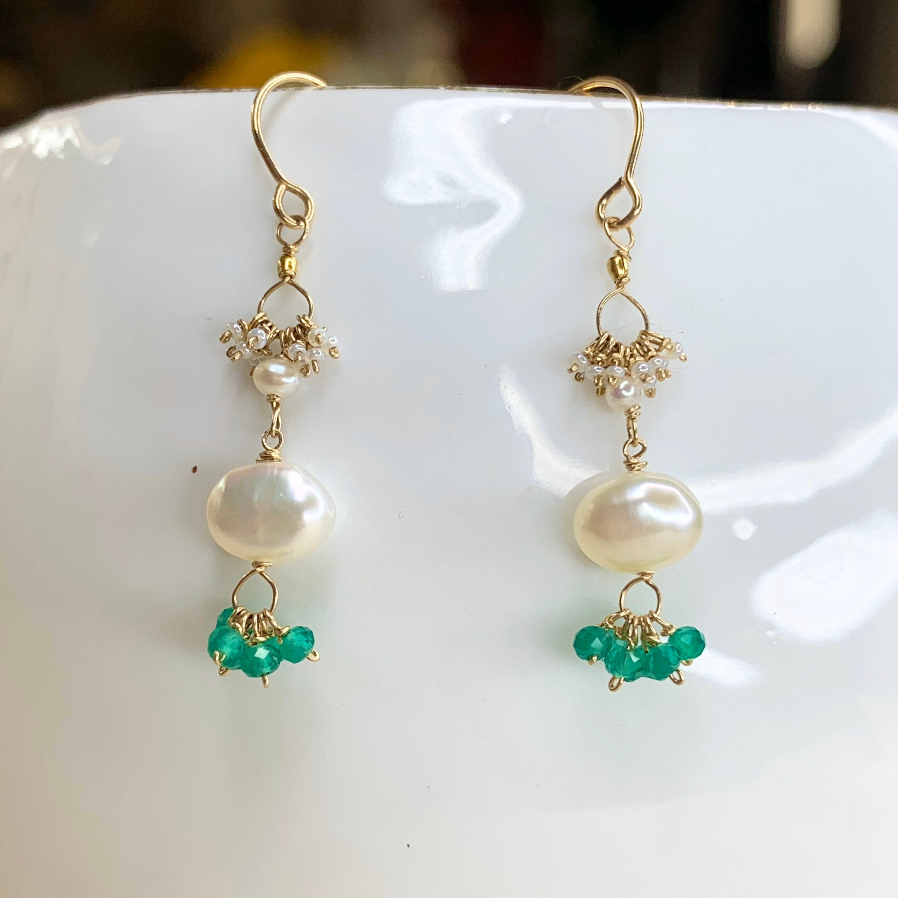 14k Gold Earrings w/ Kyanite, Freshwater Pearls, 18k Gold Nugget & Antique Italian Beads