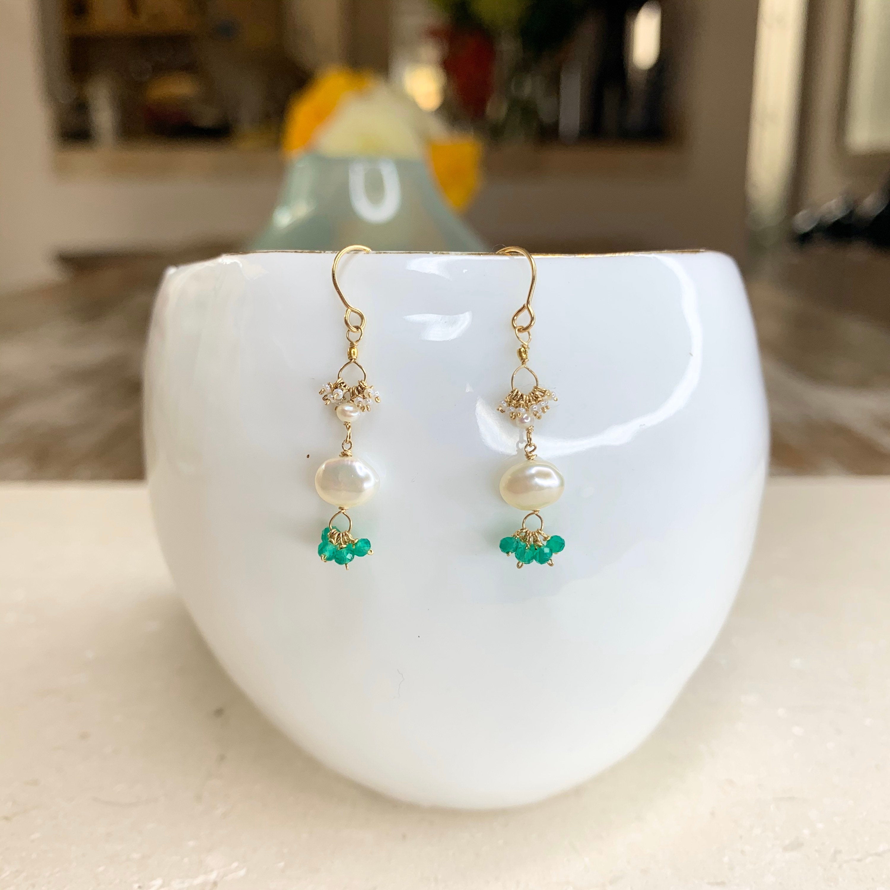 14k Gold Earrings w/ Kyanite, Freshwater Pearls, 18k Gold Nugget & Antique Italian Beads