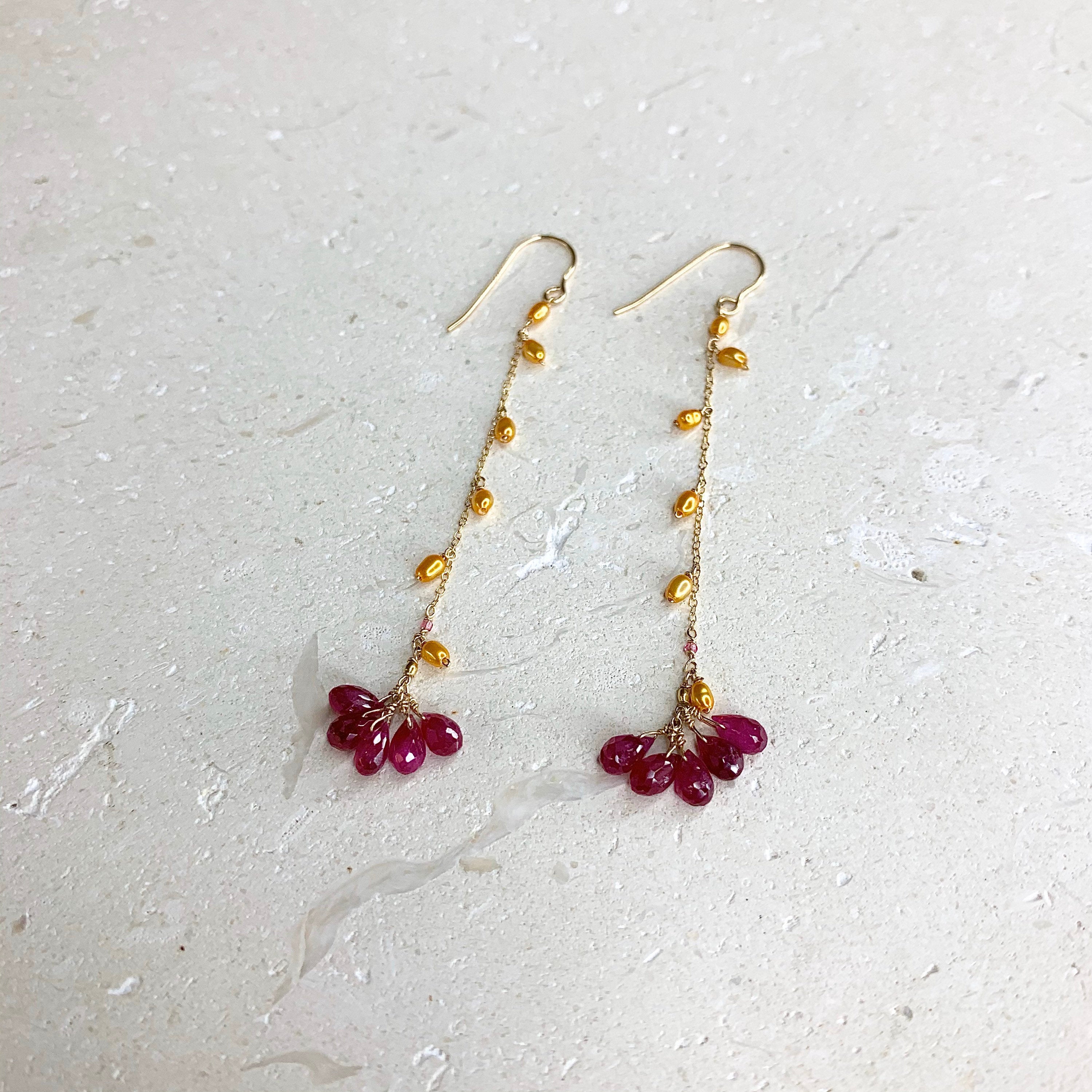 14k Gold Earrings w/ Rubies, Freshwater Pearls & 18k Gold Nugget