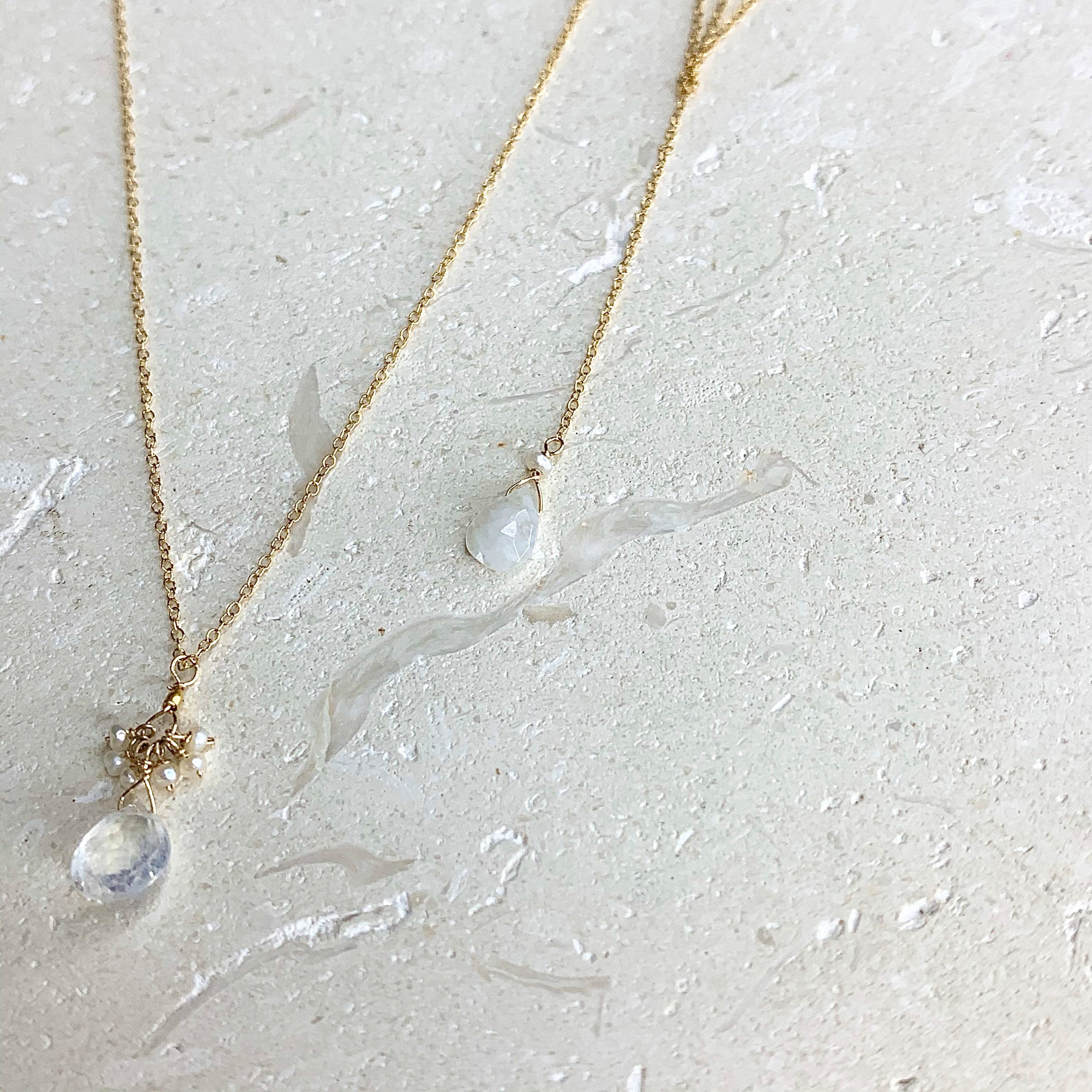 14k Gold Chain Necklace w/ Moonstone & Freshwater Pearls