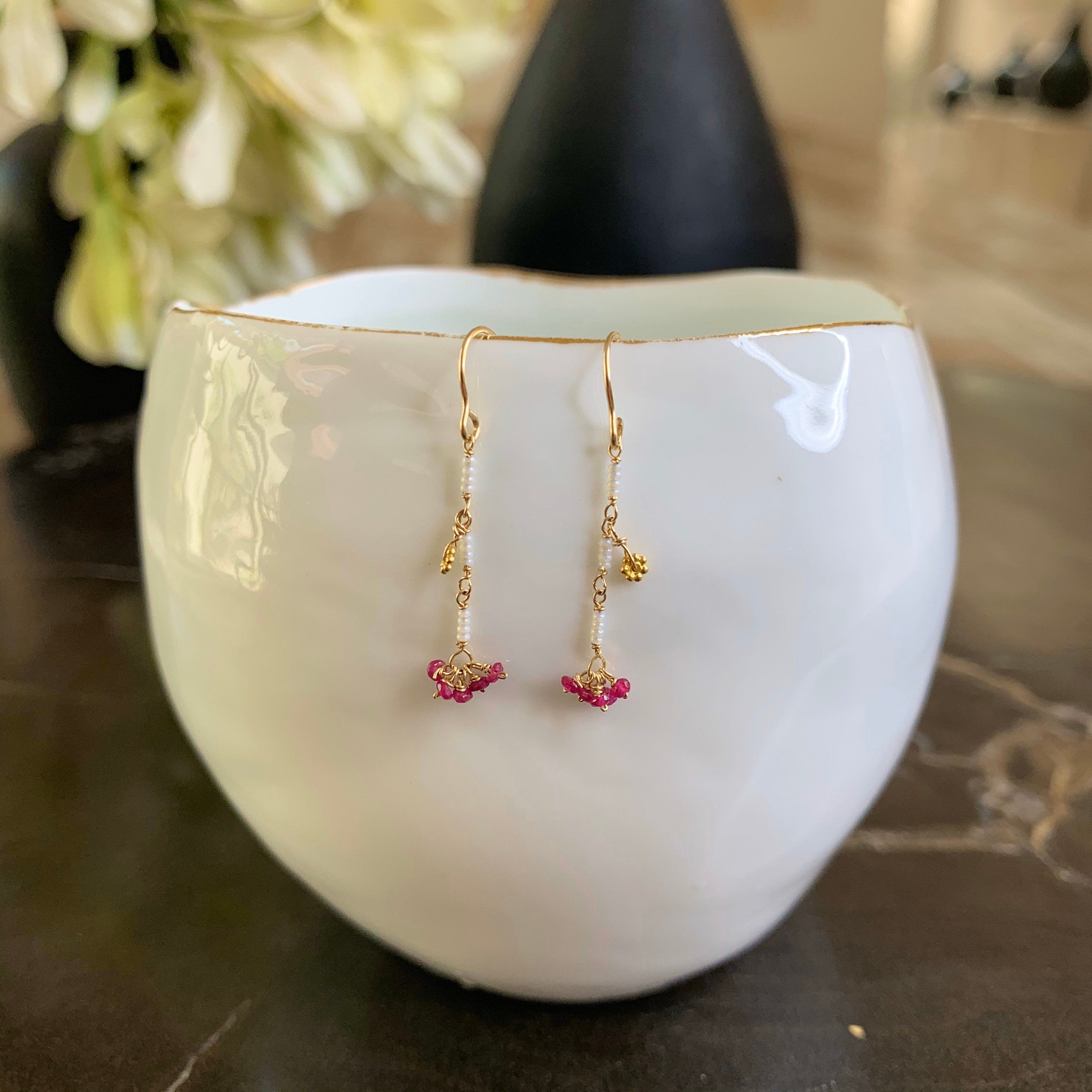 14k Gold Earrings w/ Rubies, 18k Gold Daisy & Antique Italian Beads