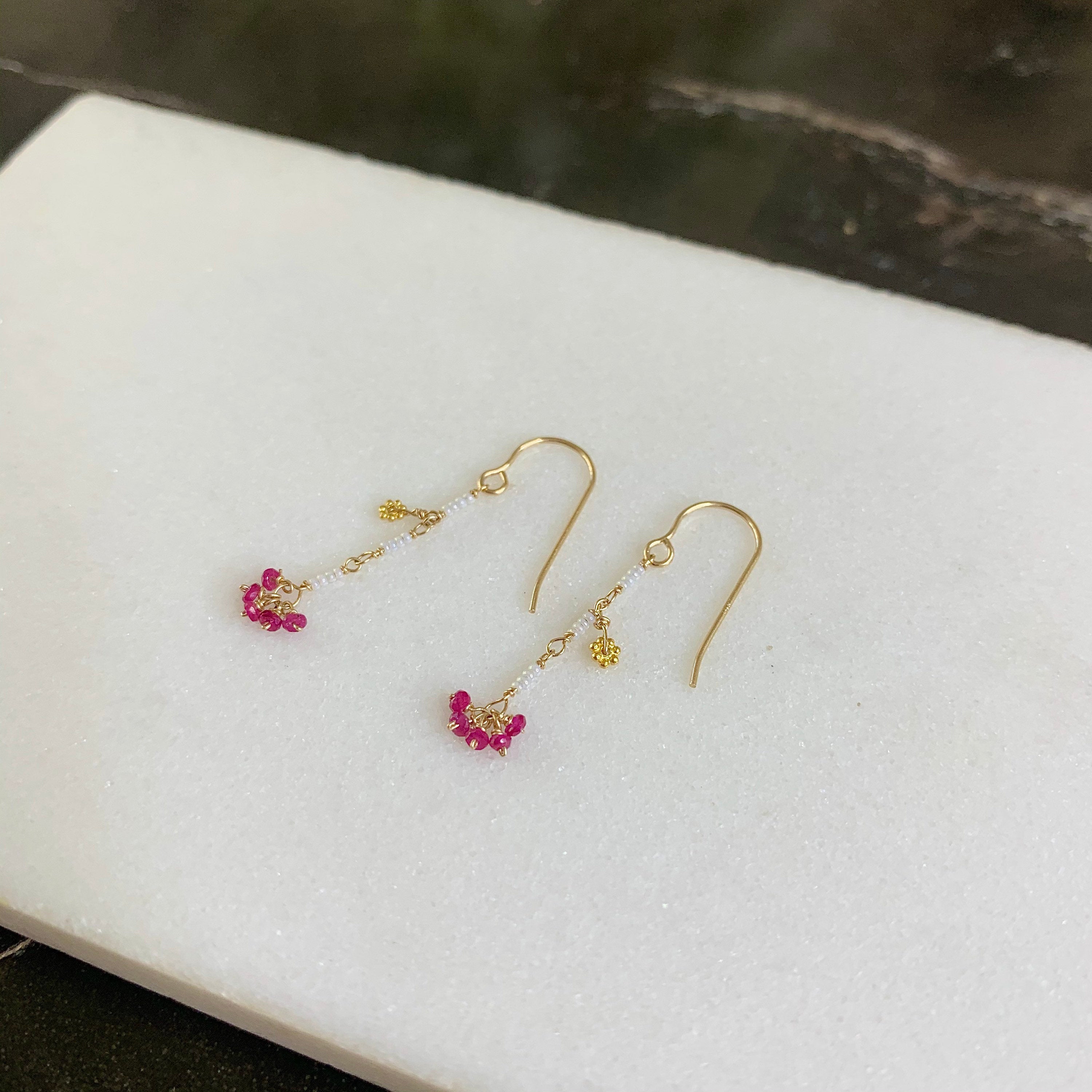 14k Gold Earrings w/ Rubies, 18k Gold Daisy & Antique Italian Beads