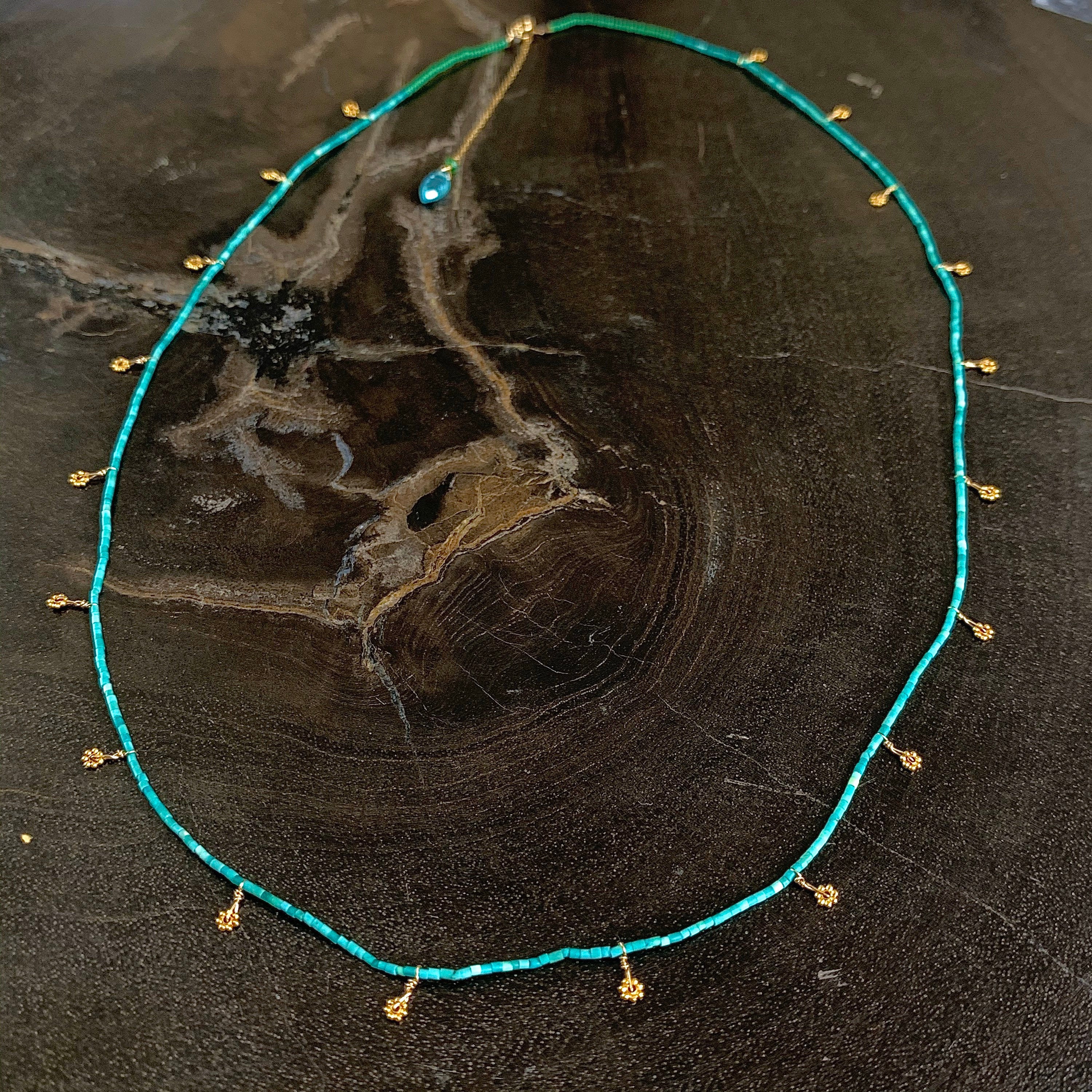 String Beaded Necklace w/ Turquoise & 18k Gold Daisies