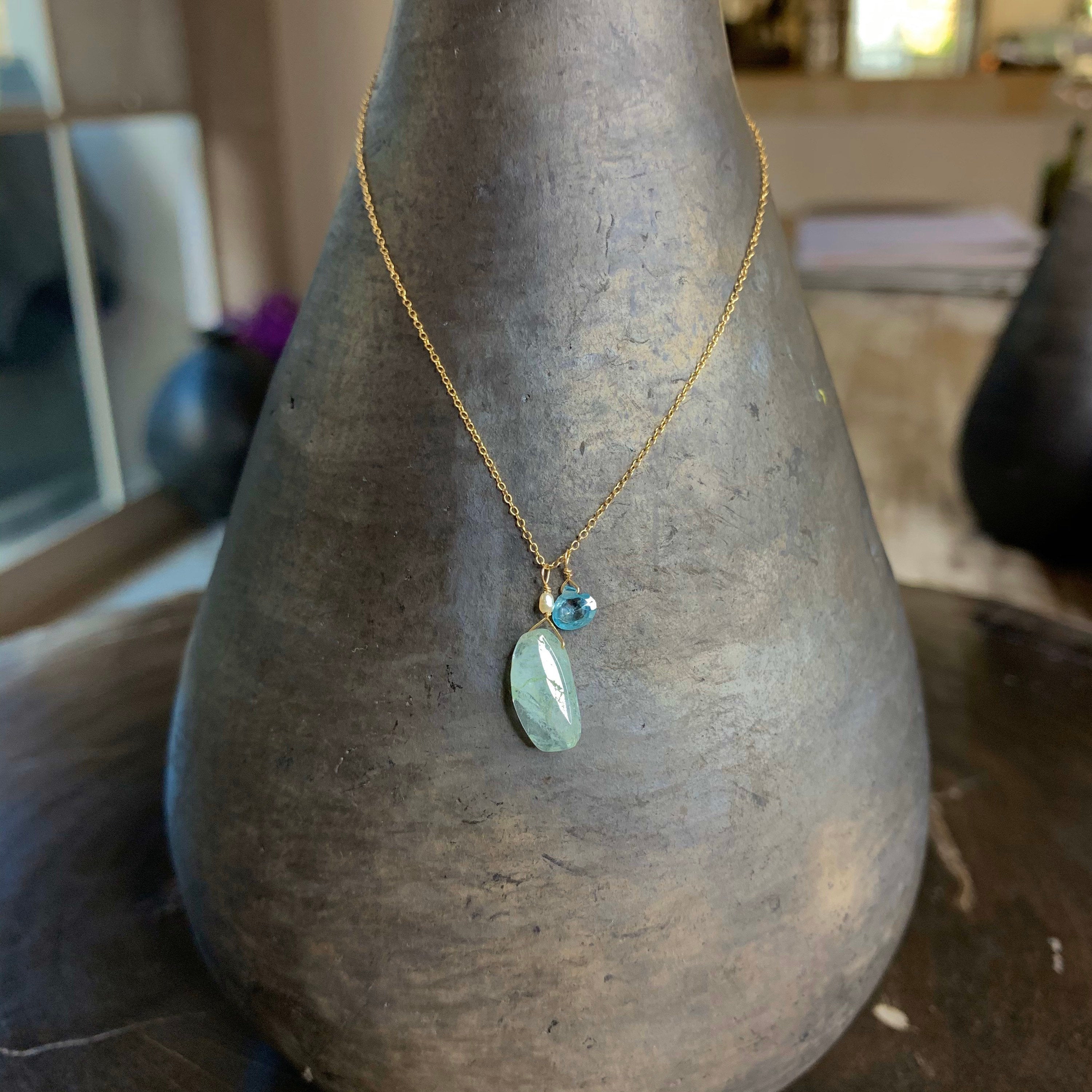 14k Gold Chain Necklace w/ Aquamarine, Opal & Keshi Pearl