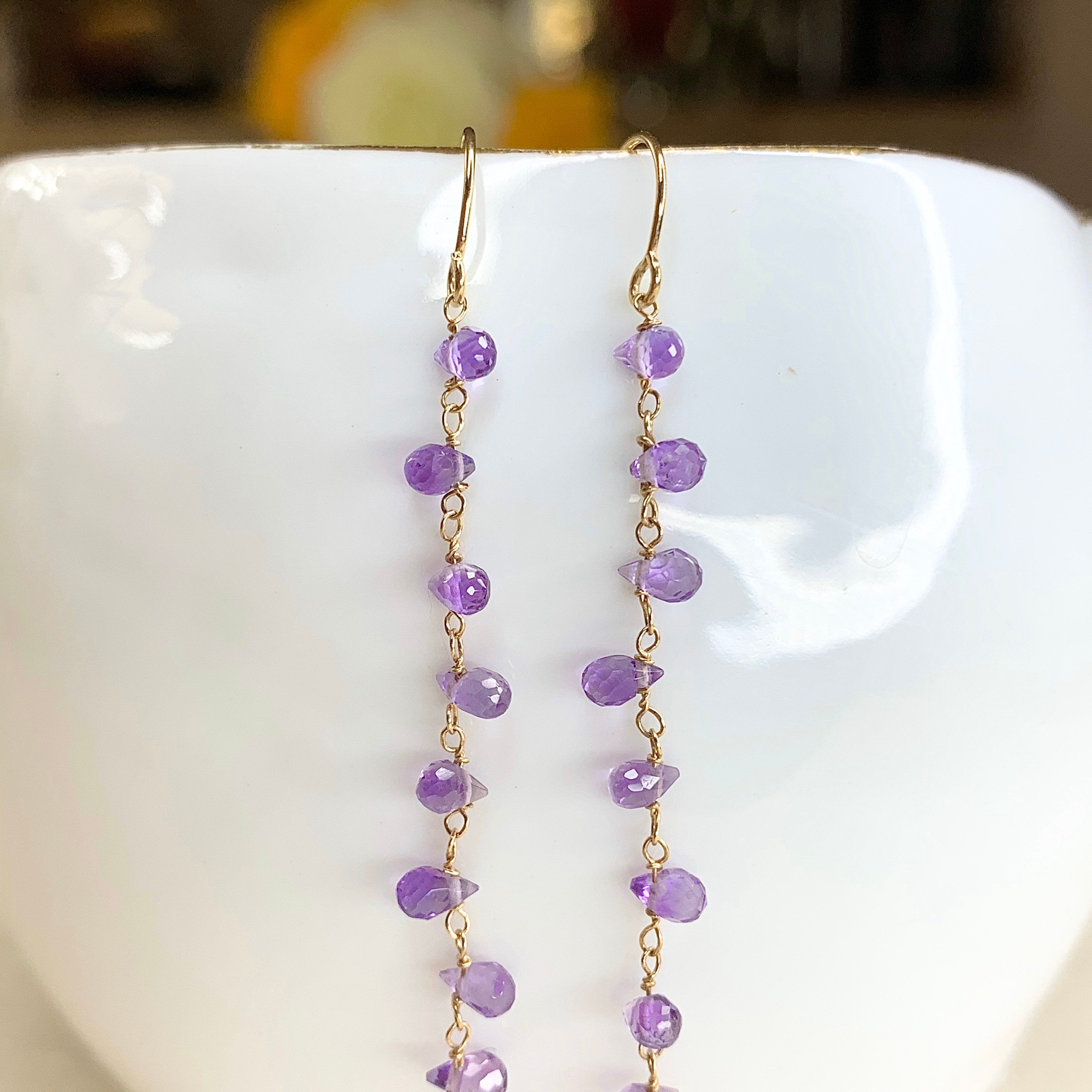 14k Gold Earrings w/ Amethyst & Pink Sapphire Drop