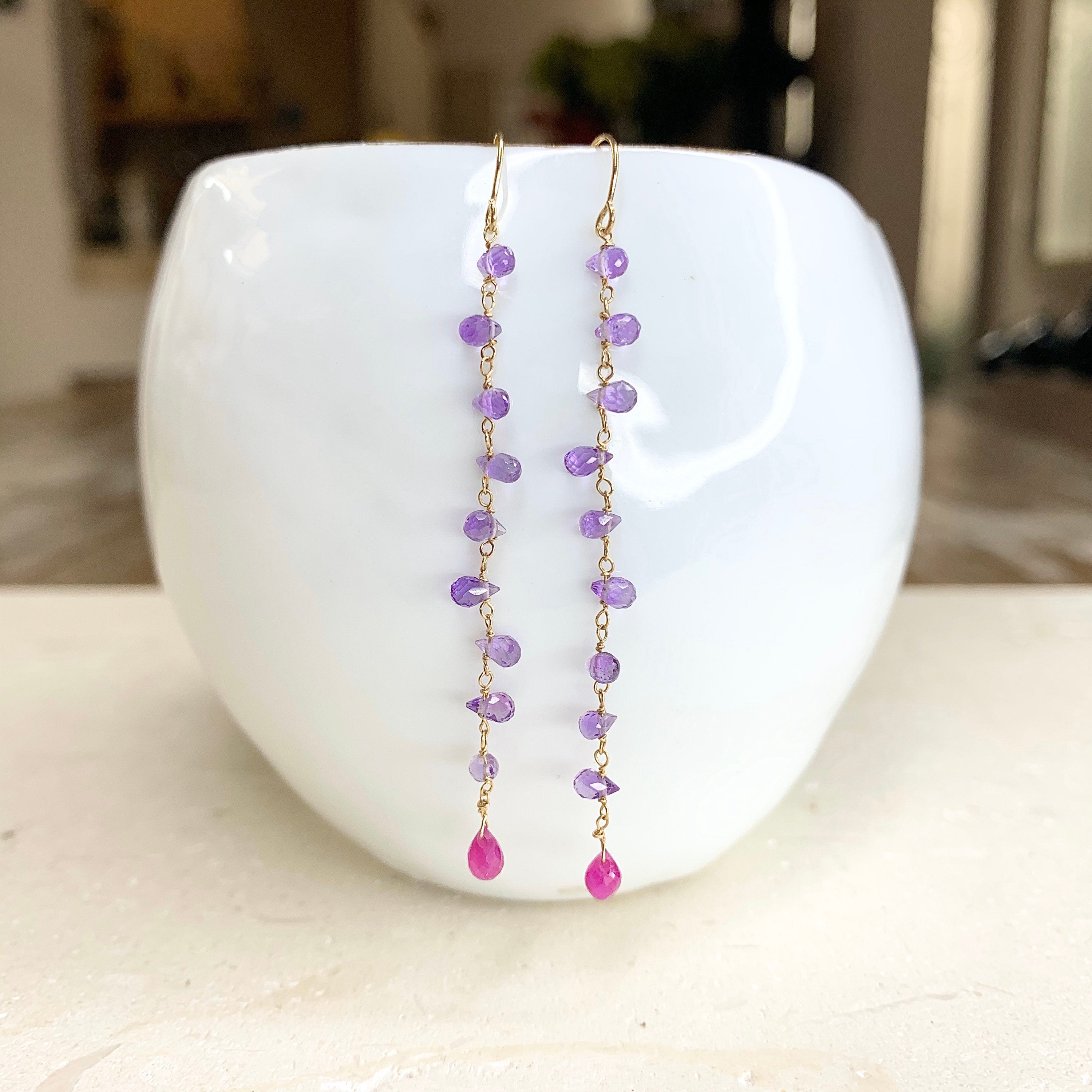 14k Gold Earrings w/ Amethyst & Pink Sapphire Drop