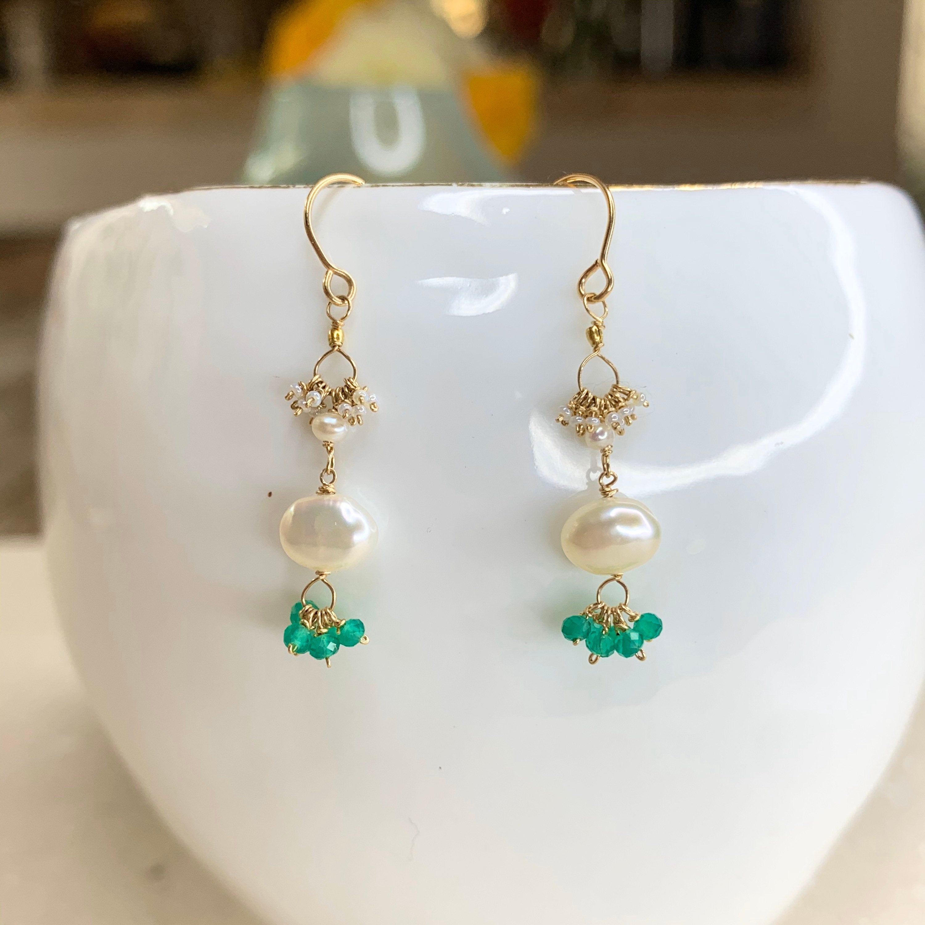 14k Gold Earrings w/ Kyanite, Freshwater Pearls, 18k Gold Nugget & Antique Italian Beads