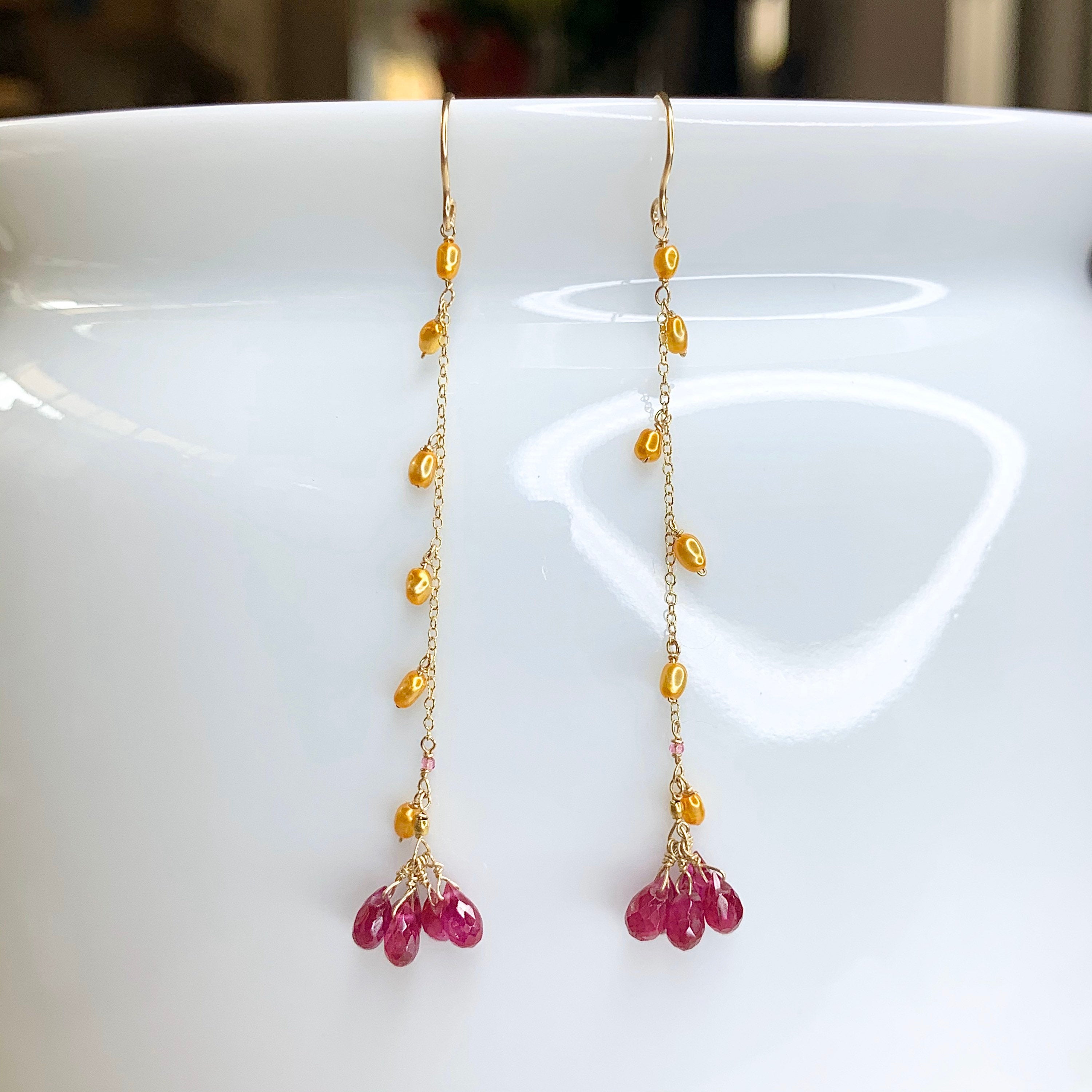 14k Gold Earrings w/ Rubies, Freshwater Pearls & 18k Gold Nugget