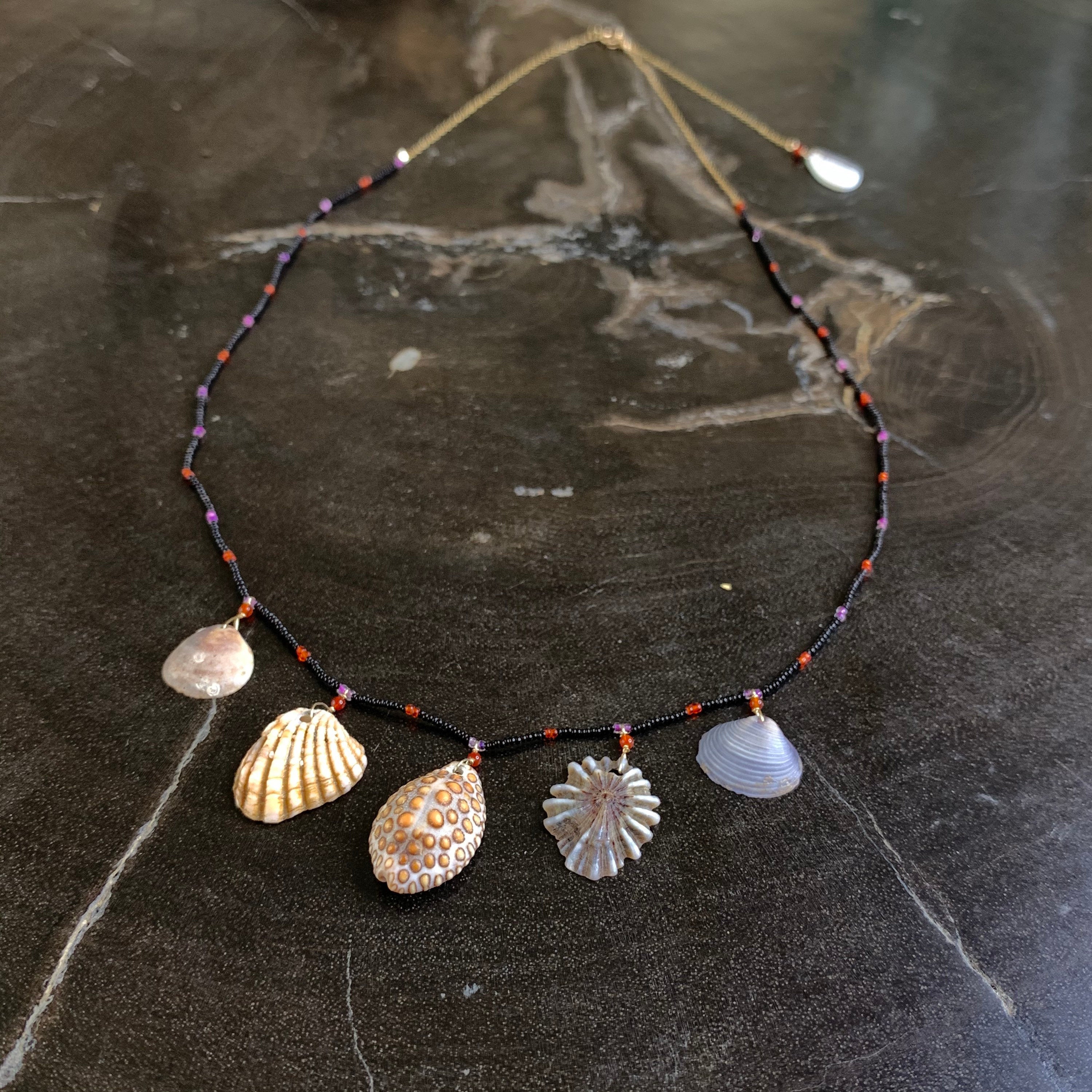 Beaded Necklace w/ 14k Gold, Seashells, Carnelian & Antique Italian Beads