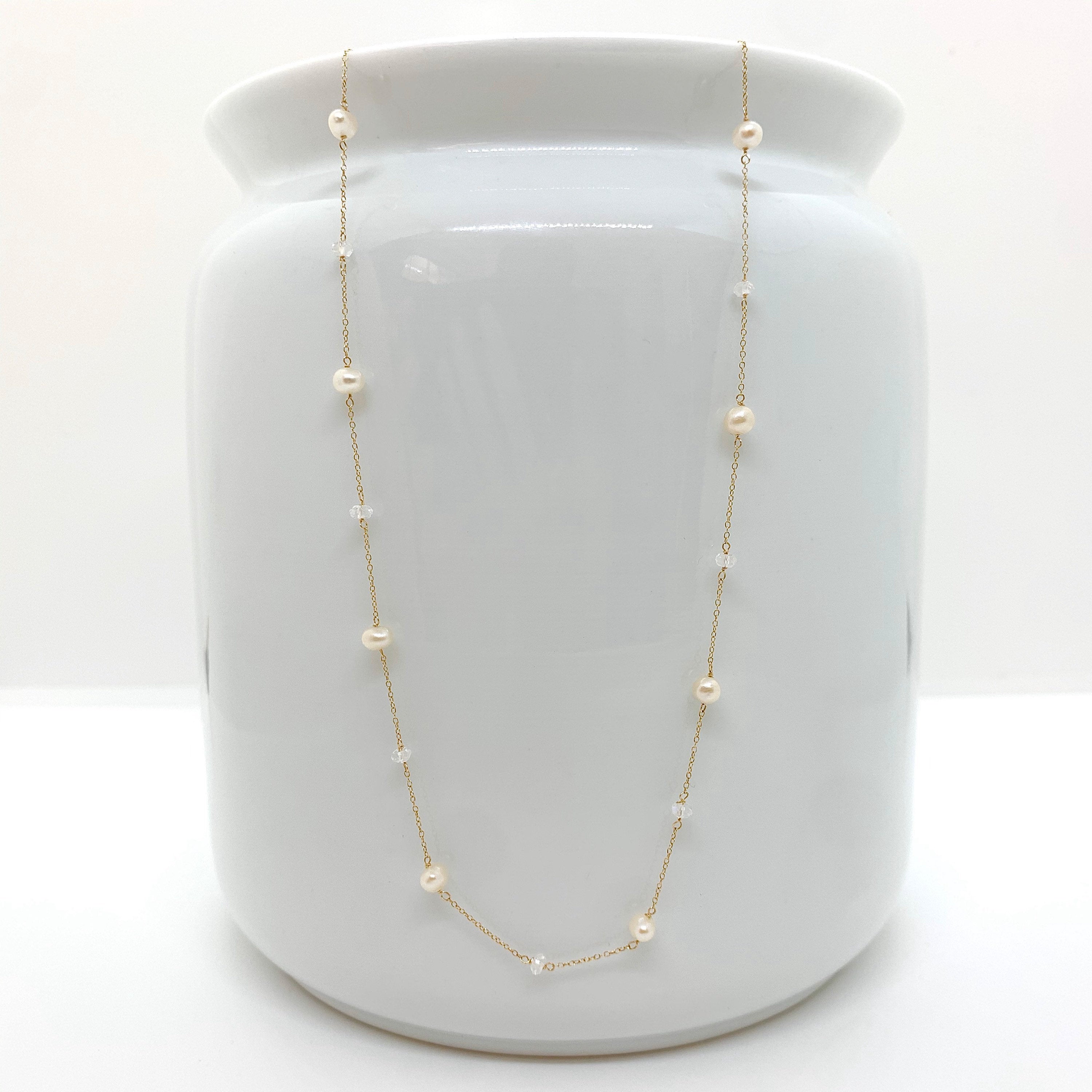14k Gold Chain Necklace w/ Freshwater Pearls & Moonstone