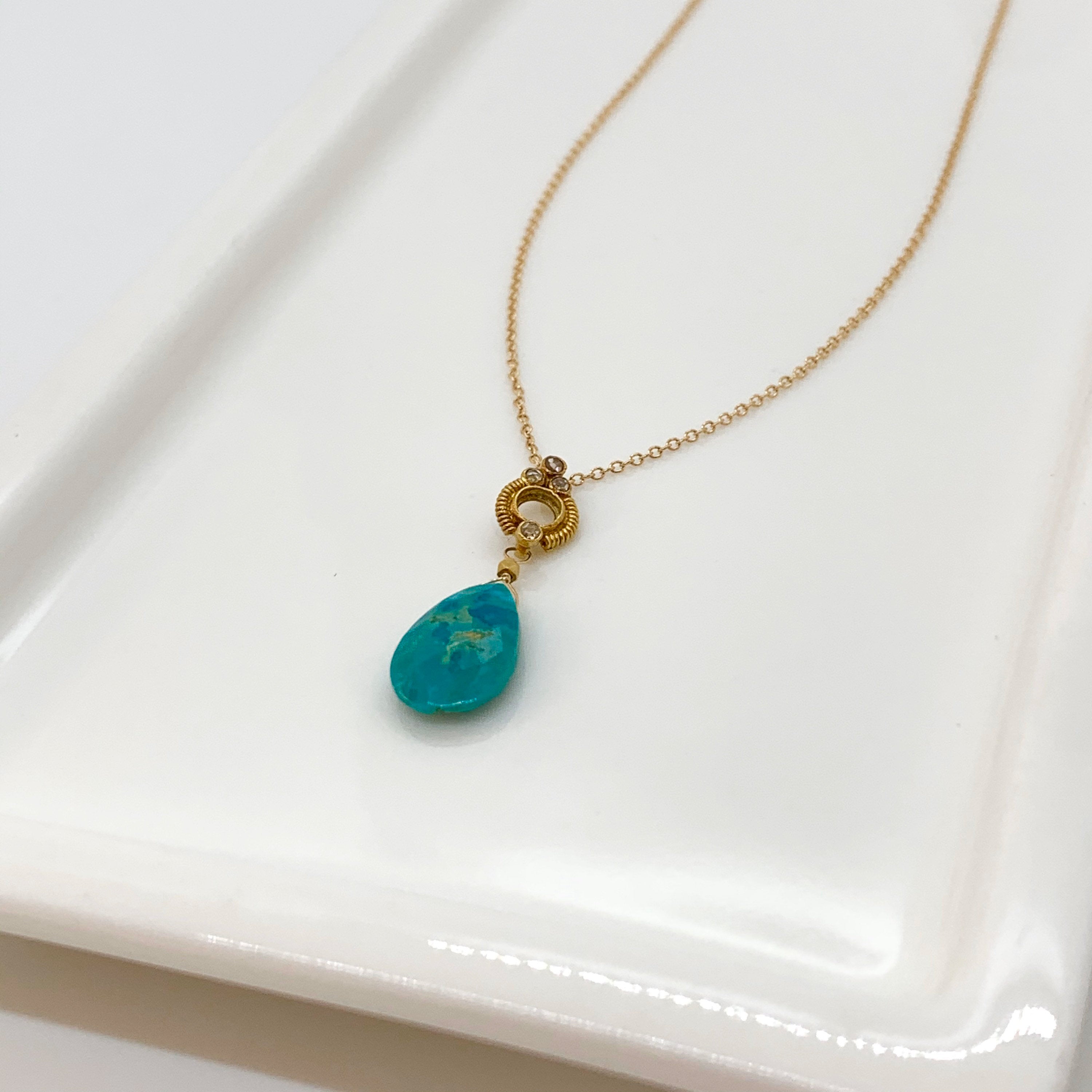 14k Gold Chain Necklace w/ 18k Gold Diamond Pendant & Amazonite Drop