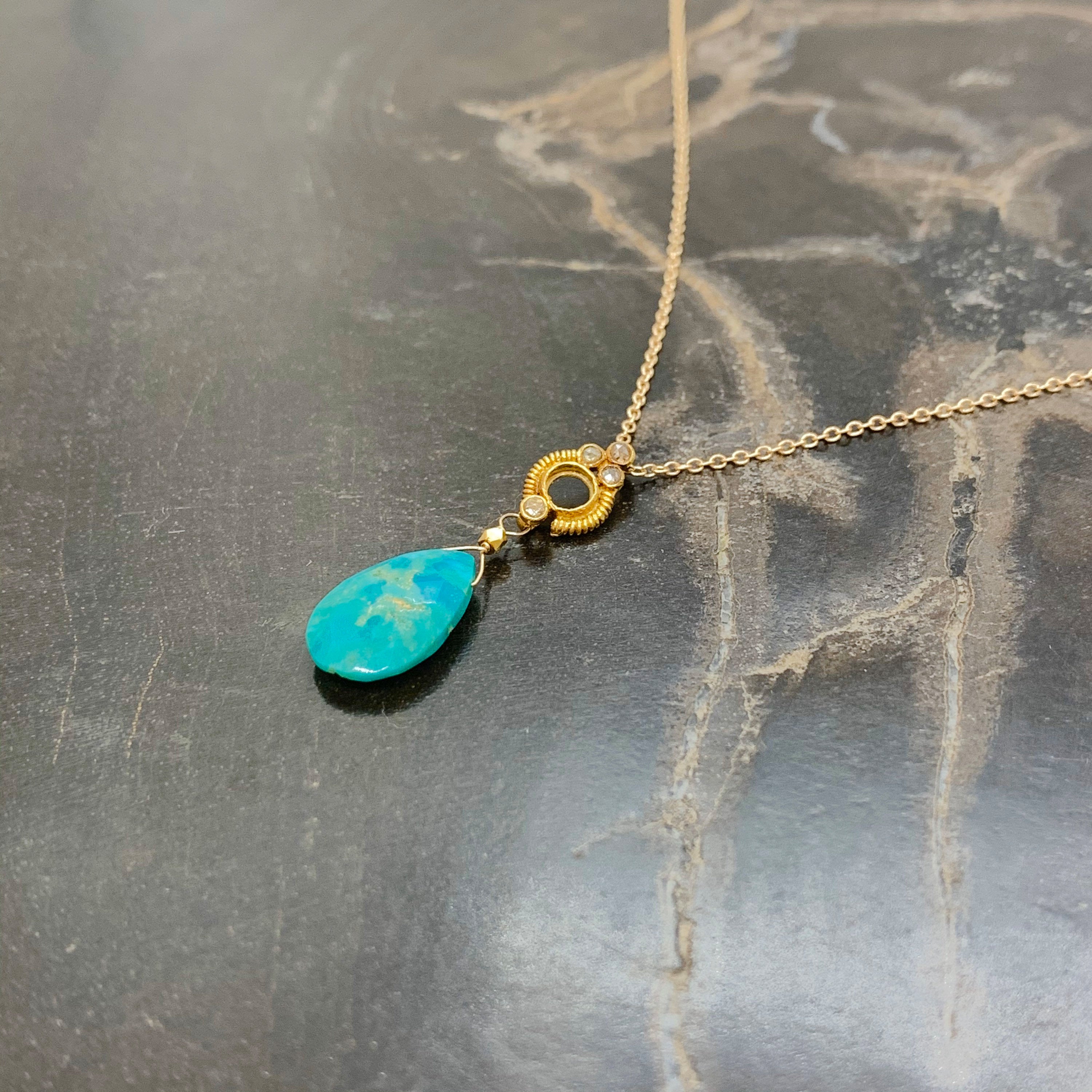 14k Gold Chain Necklace w/ 18k Gold Diamond Pendant & Amazonite Drop