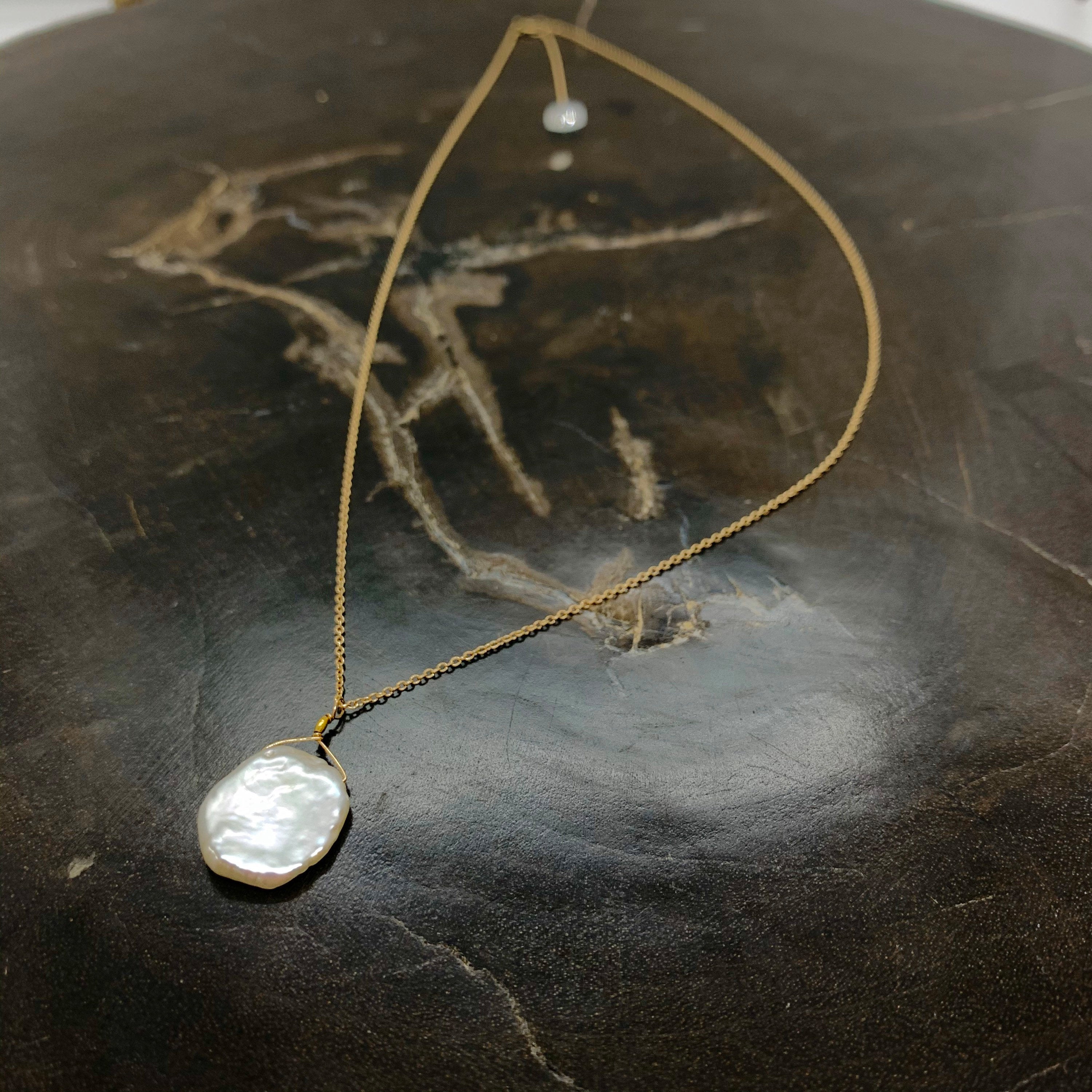 14k Gold Chain Necklace w/ Keshi Pearl & 18k Gold Nugget