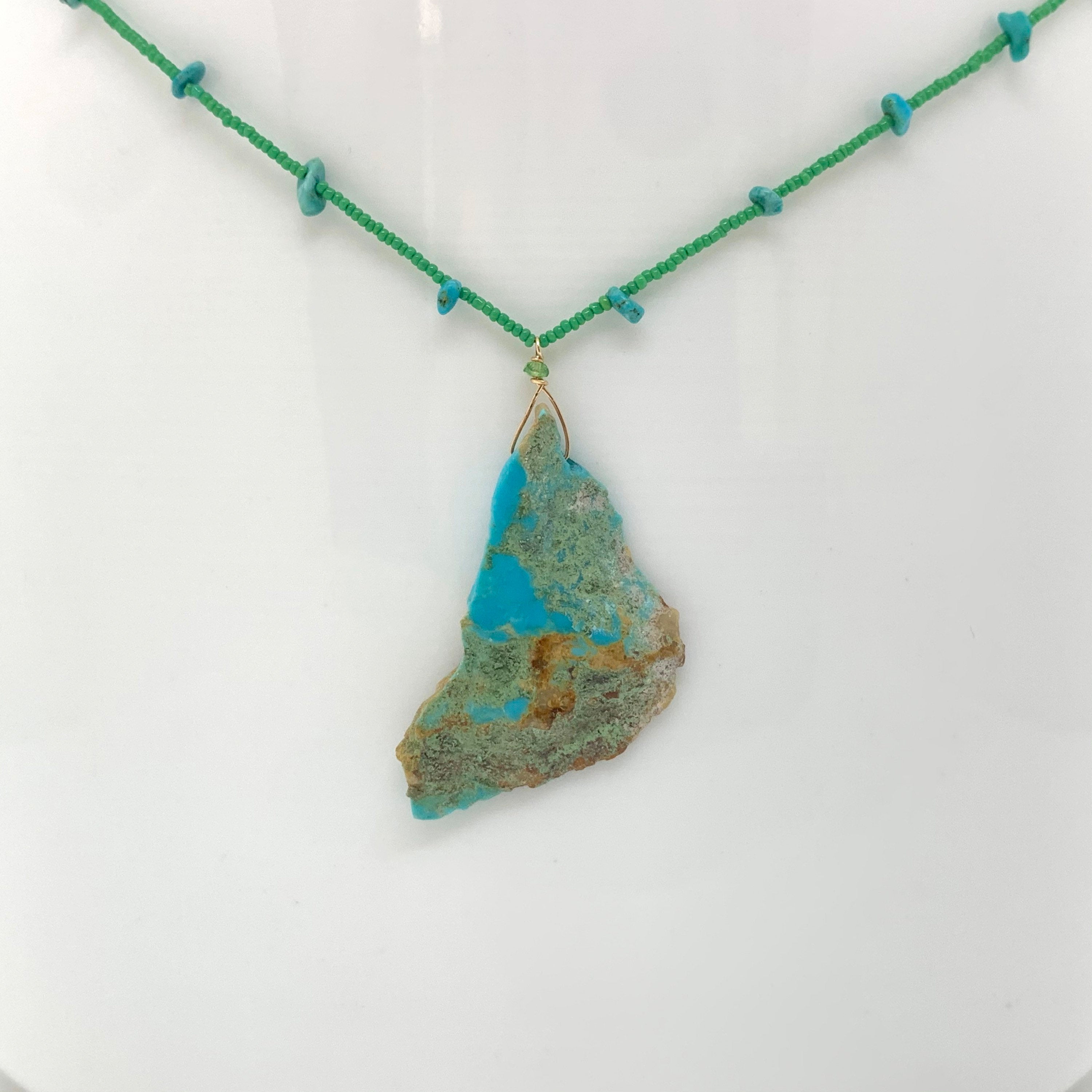 String Beaded Necklace w/ Turquoise Pendant, Turquoise Chips, Tsavorite & Antique Italian Beads