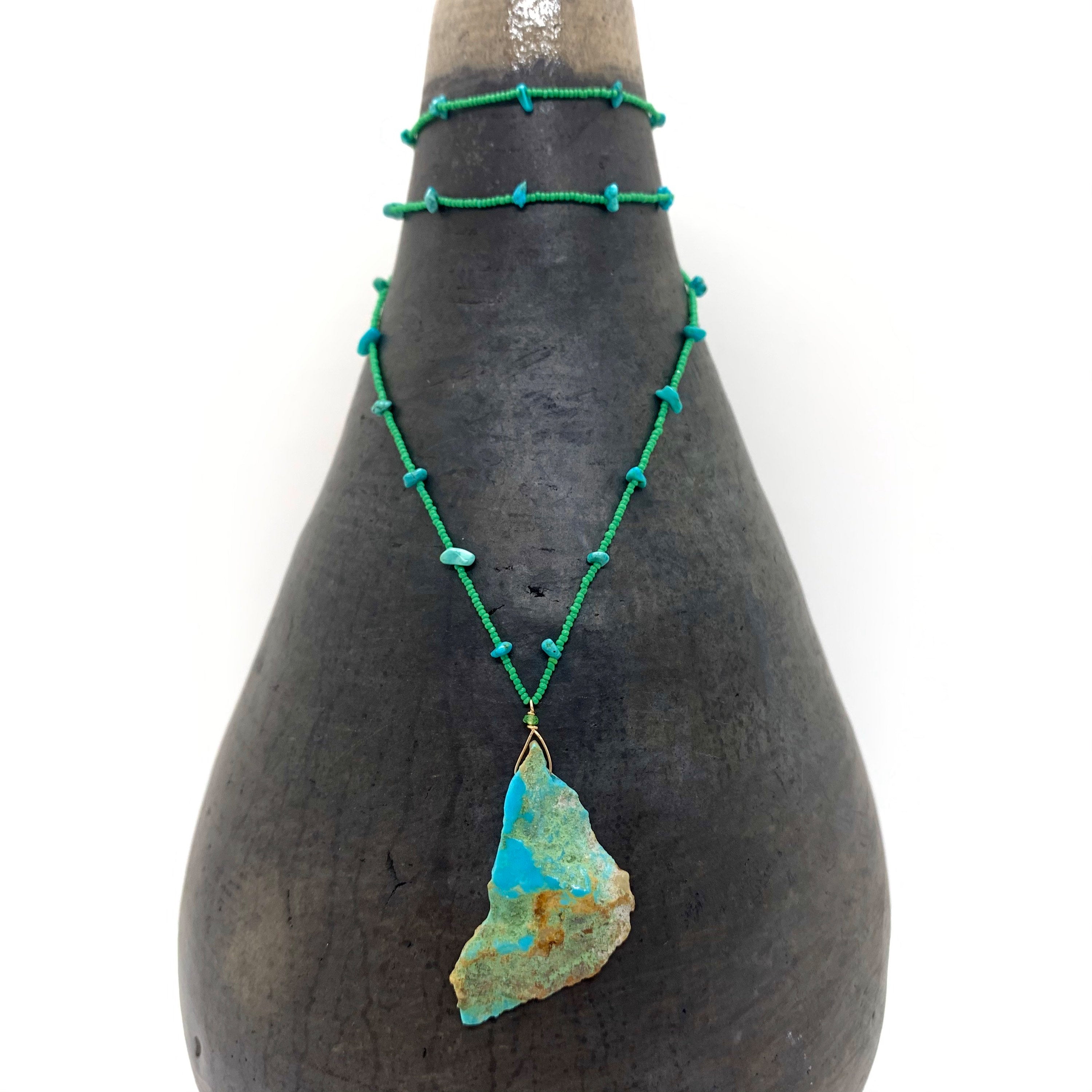 String Beaded Necklace w/ Turquoise Pendant, Turquoise Chips, Tsavorite & Antique Italian Beads