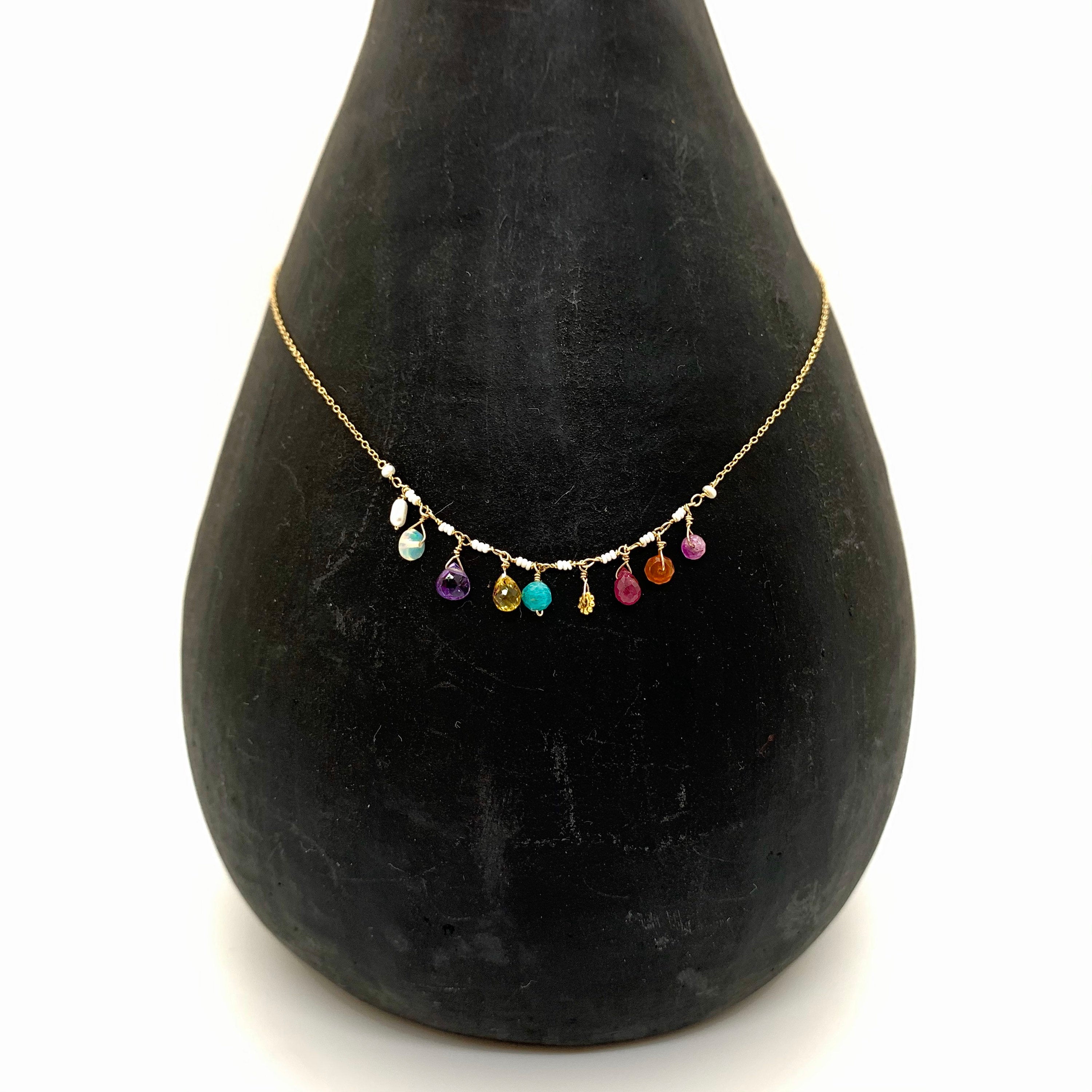 14k Gold Chain Necklace w/ Freshwater Pearls, Opal, Amethyst, Yellow Sapphire, 18k Gold Daisy, Ruby, Carnelian & Antique Italian Beads