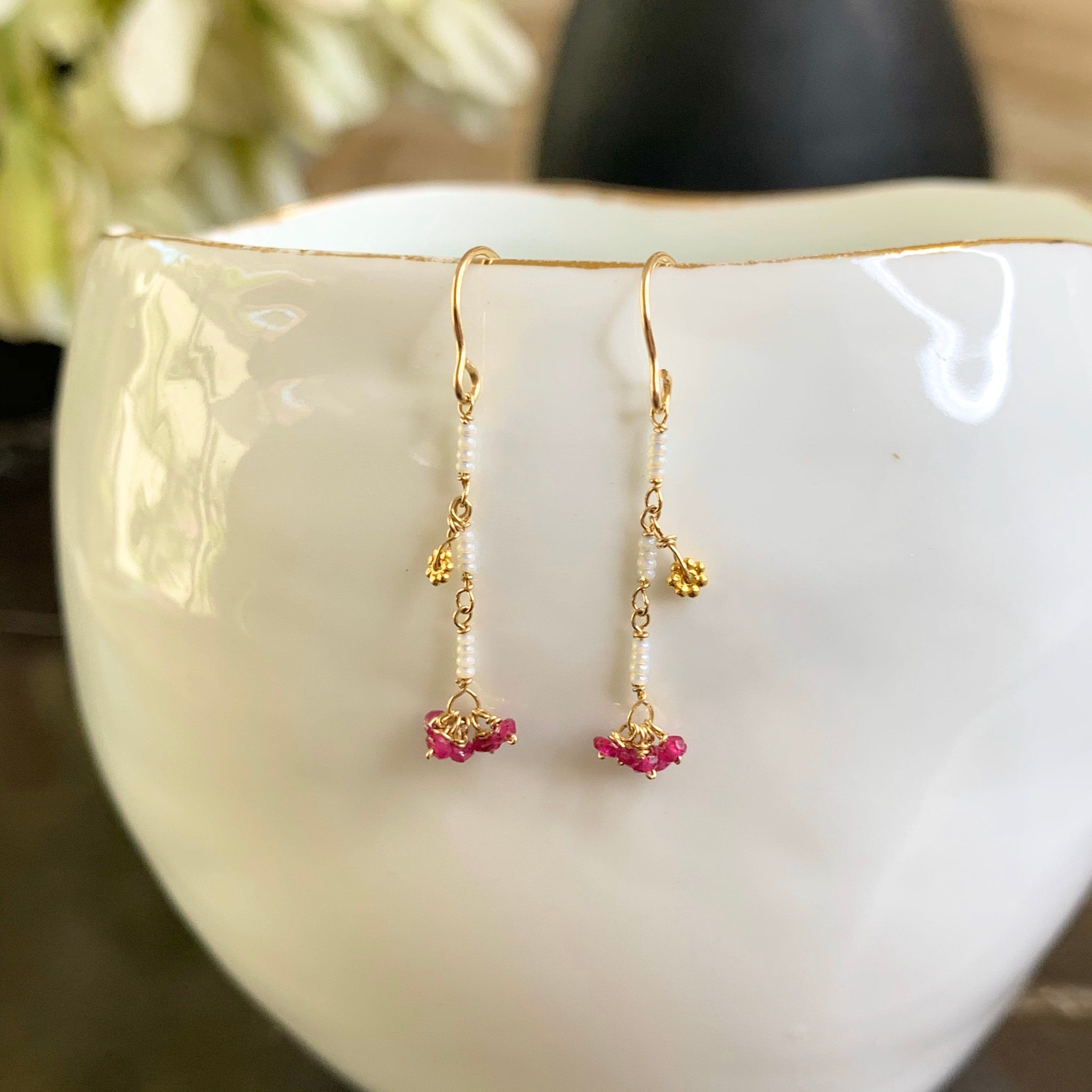 14k Gold Earrings w/ Rubies, 18k Gold Daisy & Antique Italian Beads