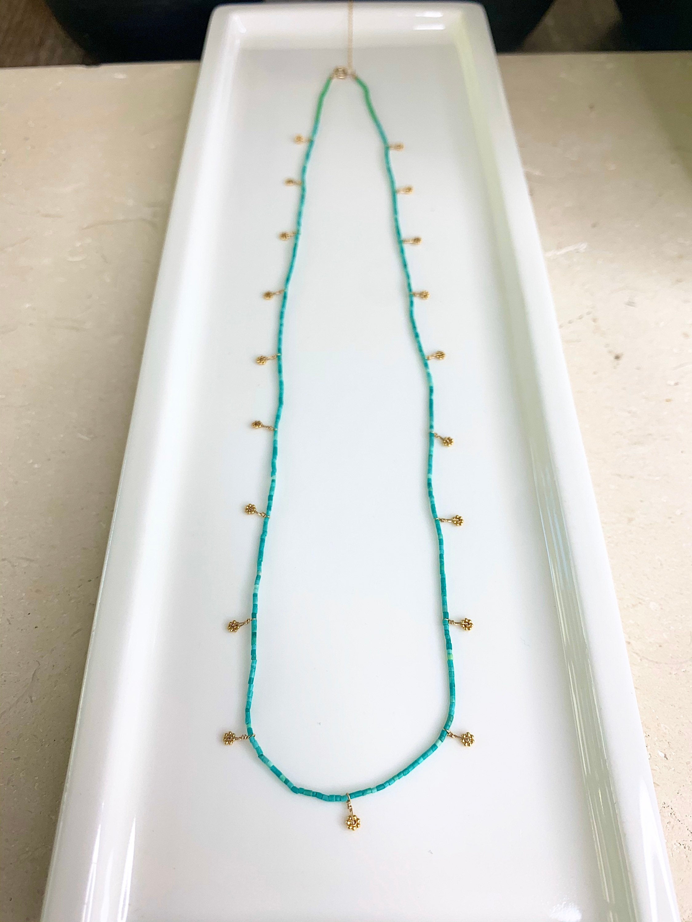 String Beaded Necklace w/ Turquoise & 18k Gold Daisies