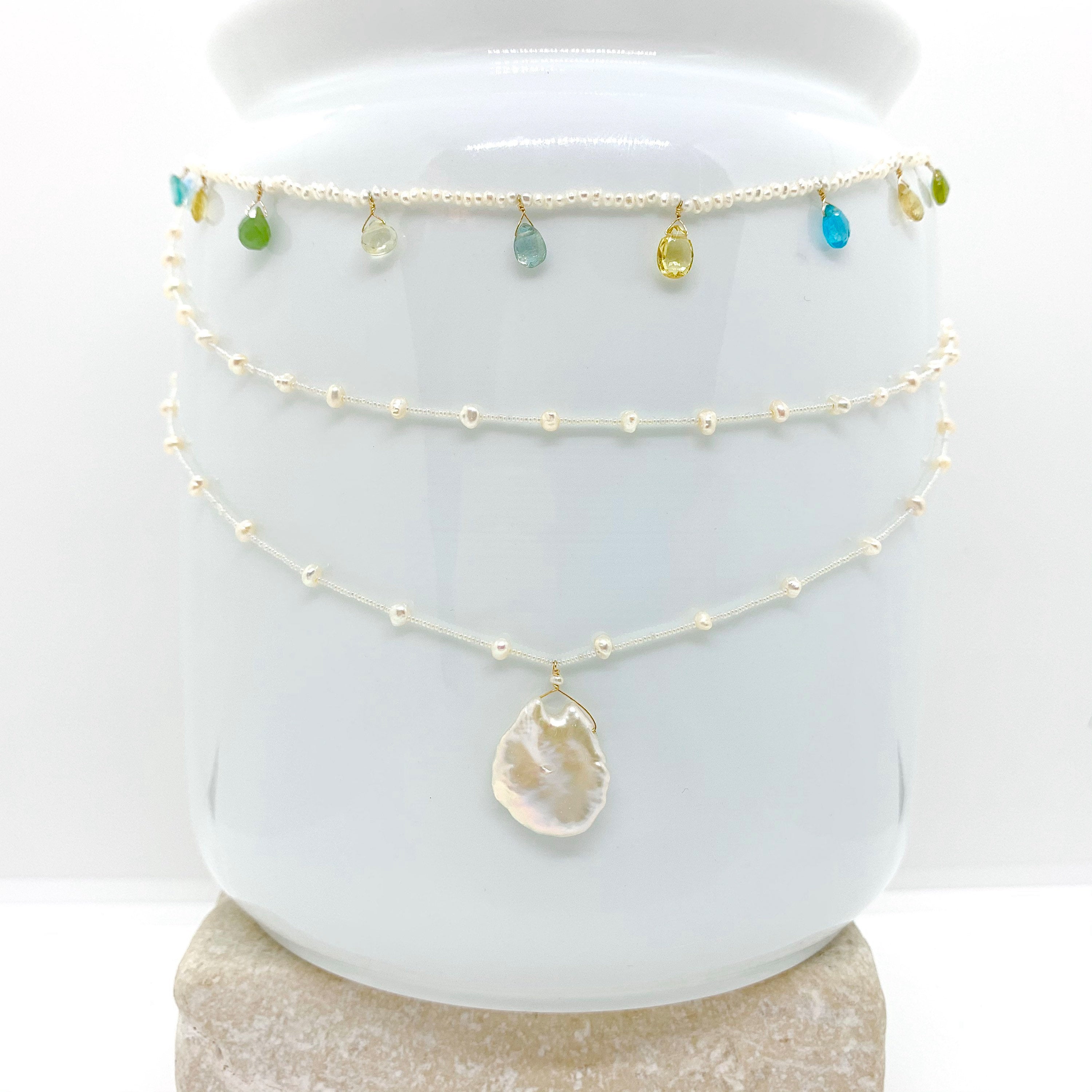 14k Gold Chain Necklace w/ Freshwater Pearls & Antique Italian Beads