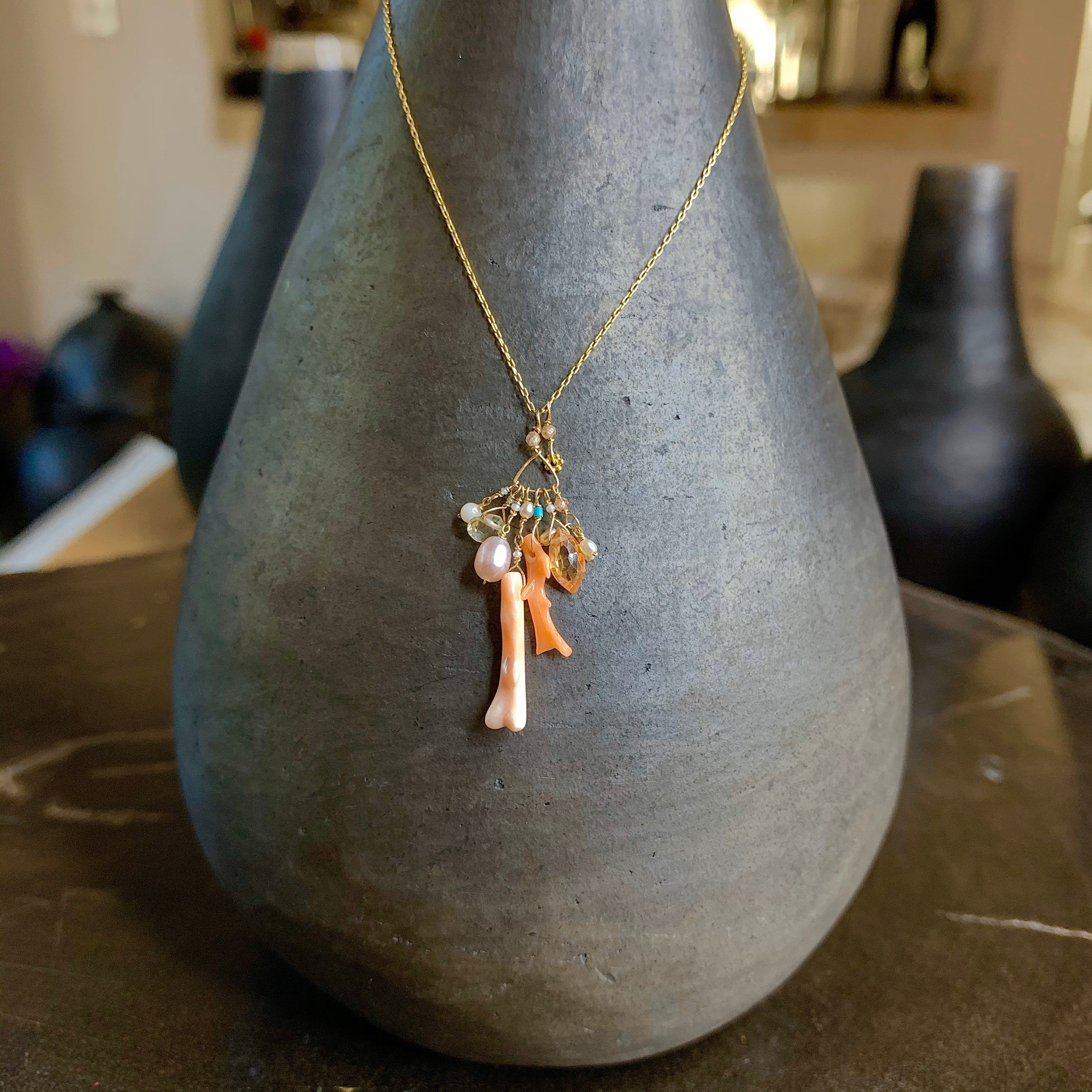 14k Gold Chain Necklace w/ 18k Gold Daisy, Coral, Freshwater Pearls, Cubic Zirconia, Quartz, Opal & Antique Italian Beads