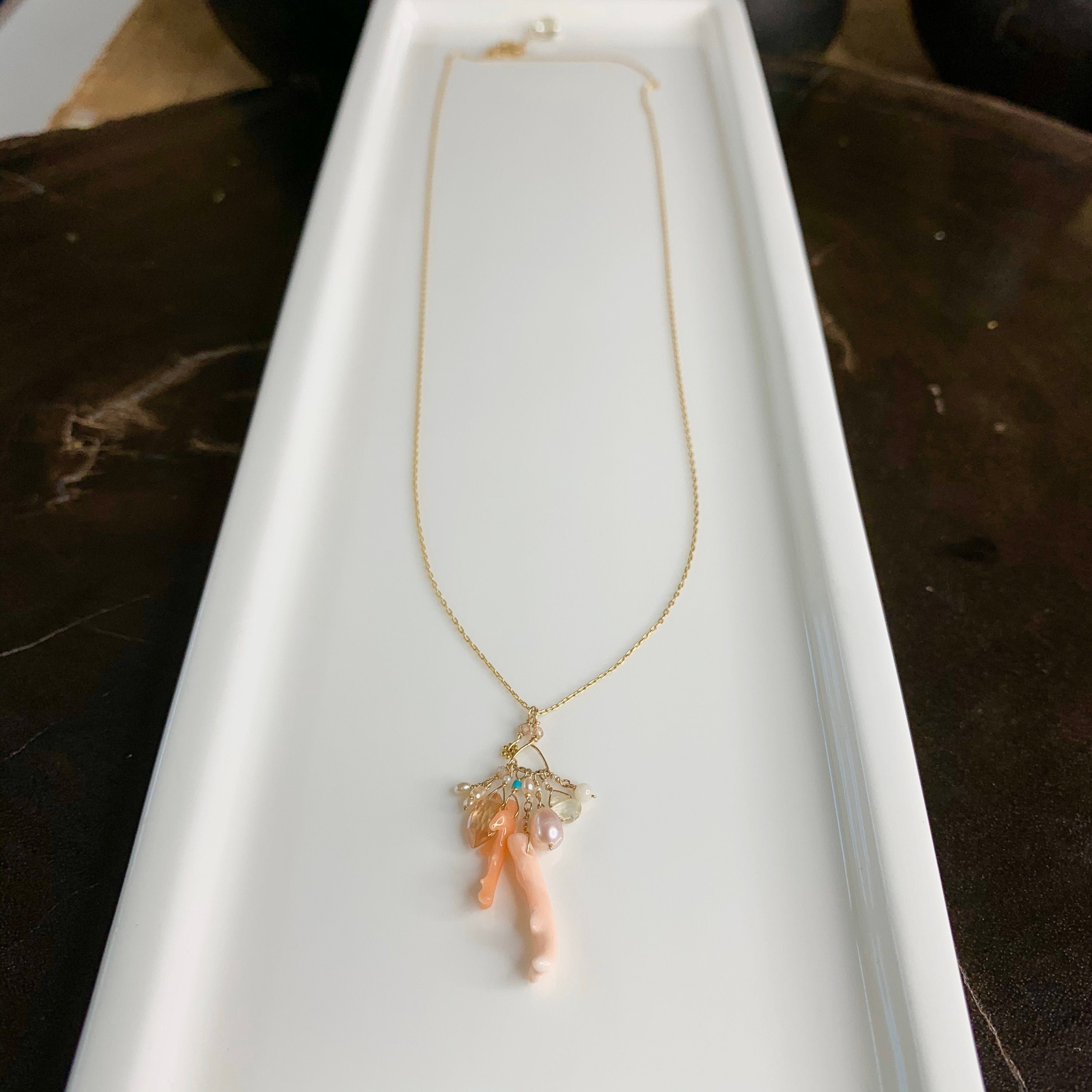 14k Gold Chain Necklace w/ 18k Gold Daisy, Coral, Freshwater Pearls, Cubic Zirconia, Quartz, Opal & Antique Italian Beads