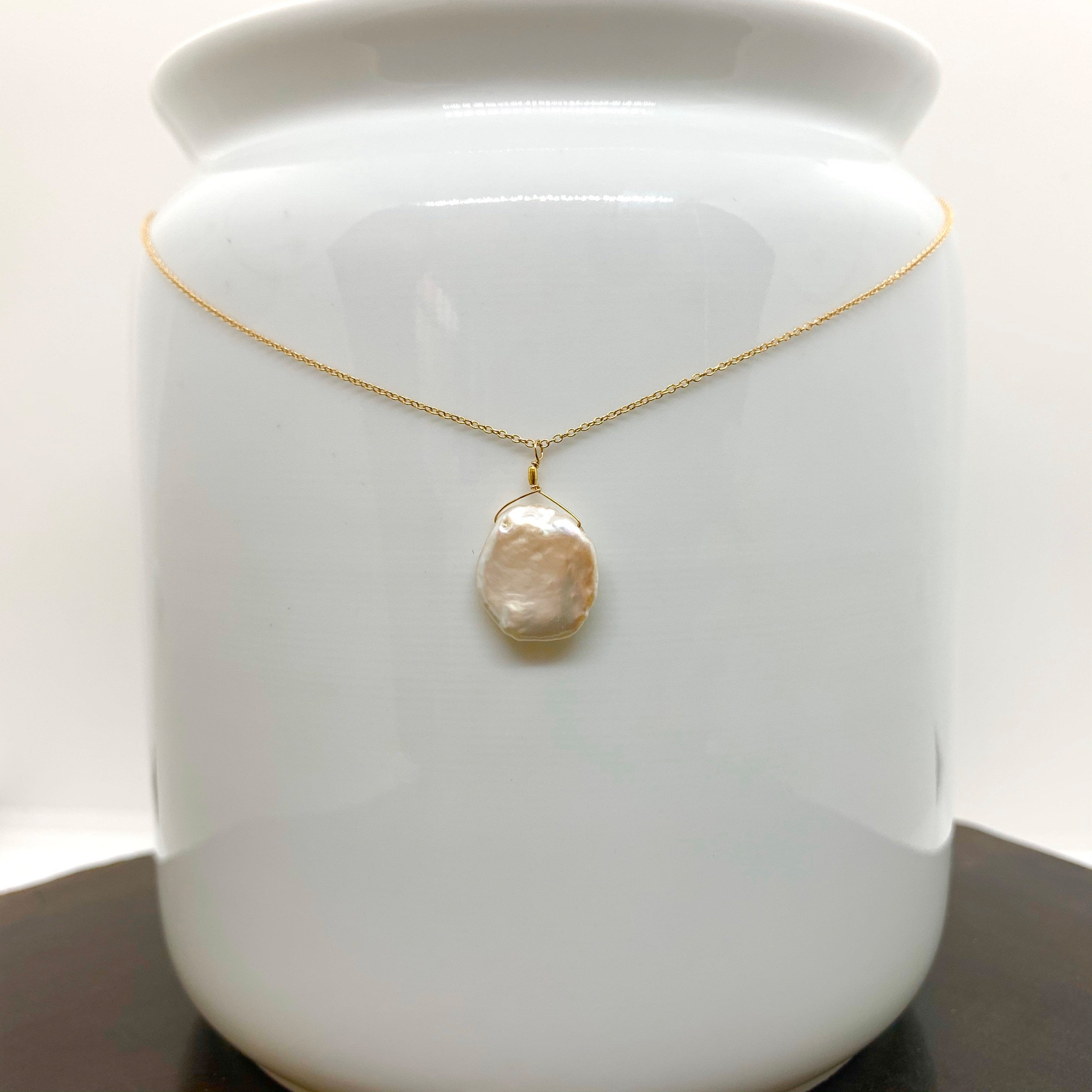14k Gold Chain Necklace w/ Keshi Pearl & 18k Gold Nugget