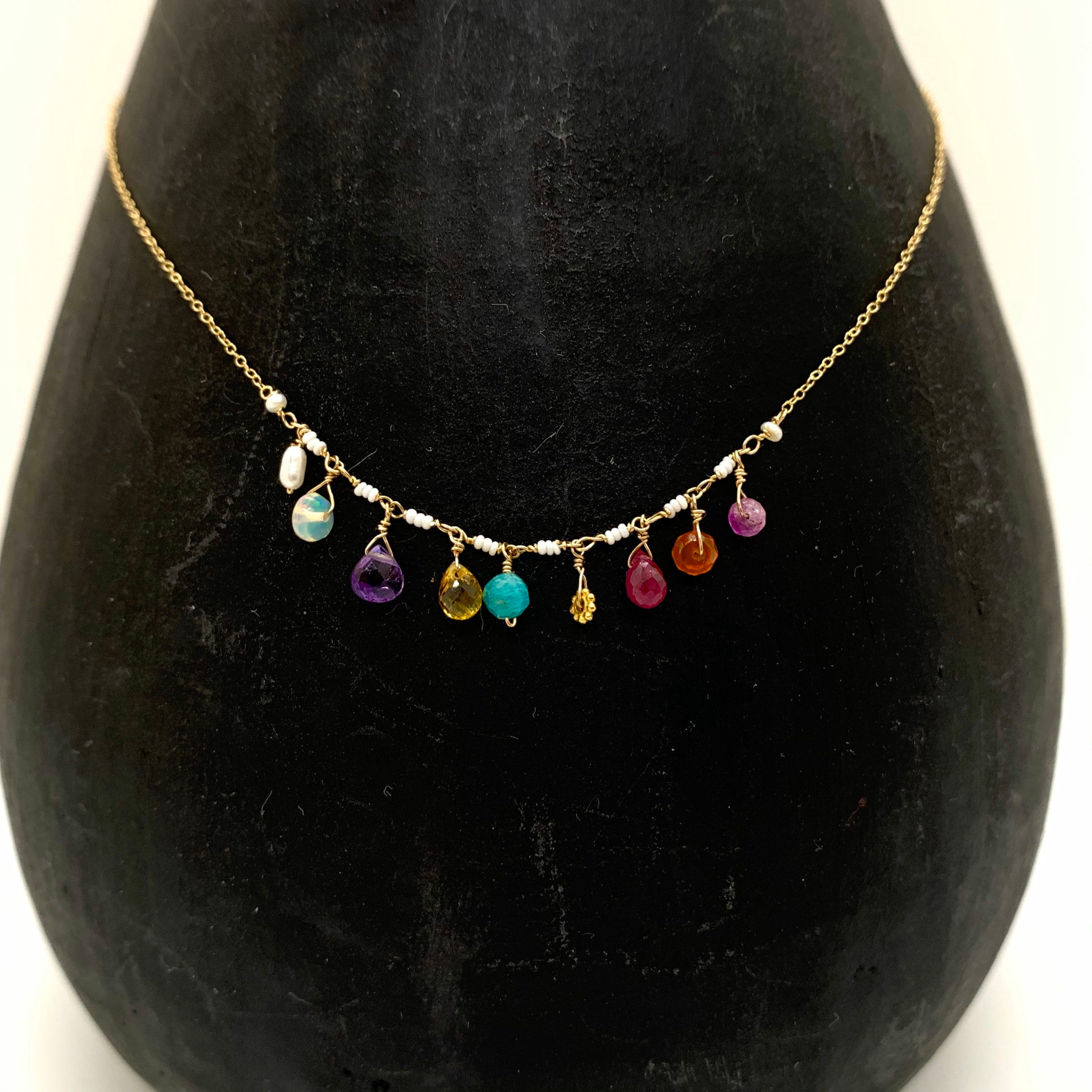 14k Gold Chain Necklace w/ Freshwater Pearls, Opal, Amethyst, Yellow Sapphire, 18k Gold Daisy, Ruby, Carnelian & Antique Italian Beads