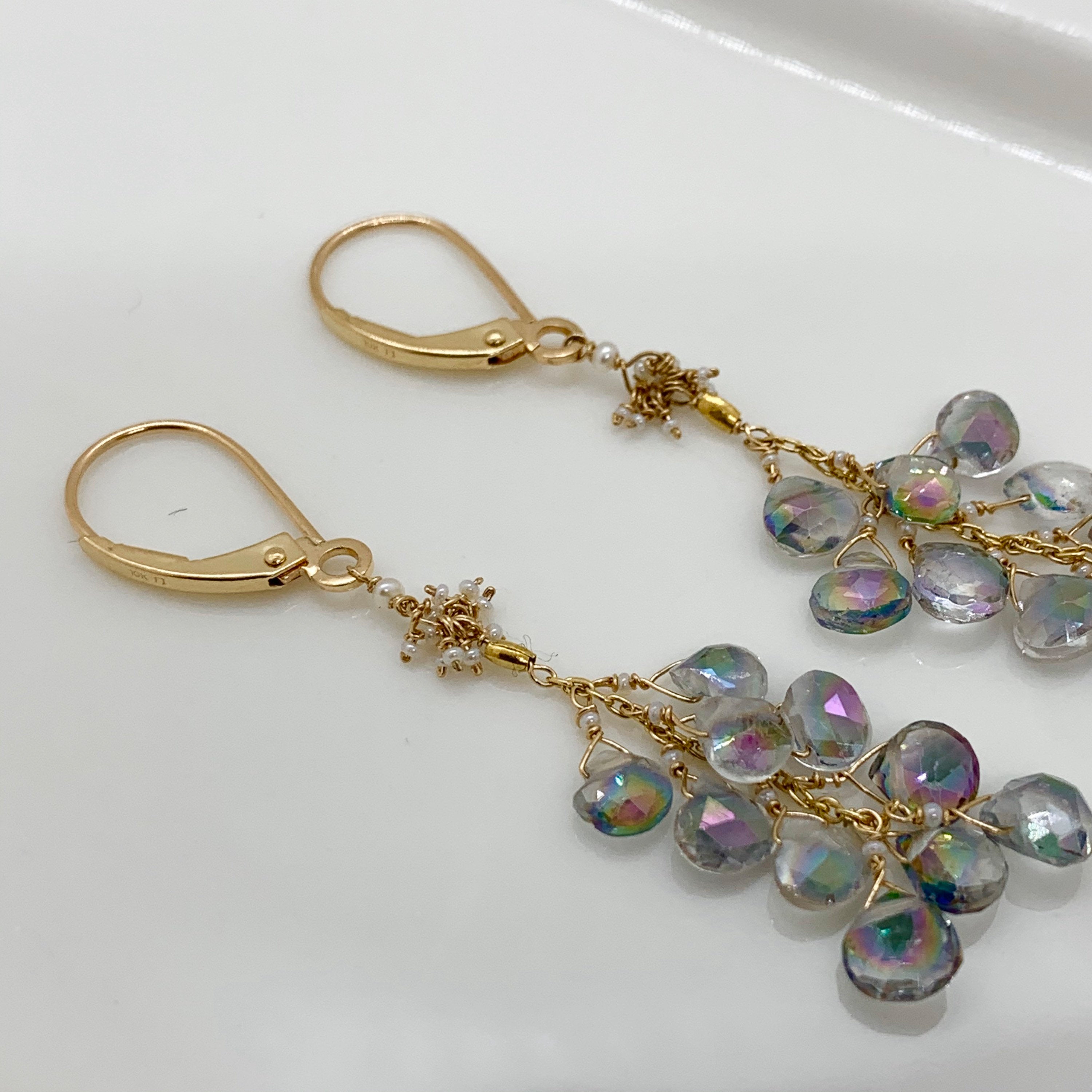 14k Gold Earrings w/ Mystic Topaz, 18k Gold Nugget & Antique Italian Beads