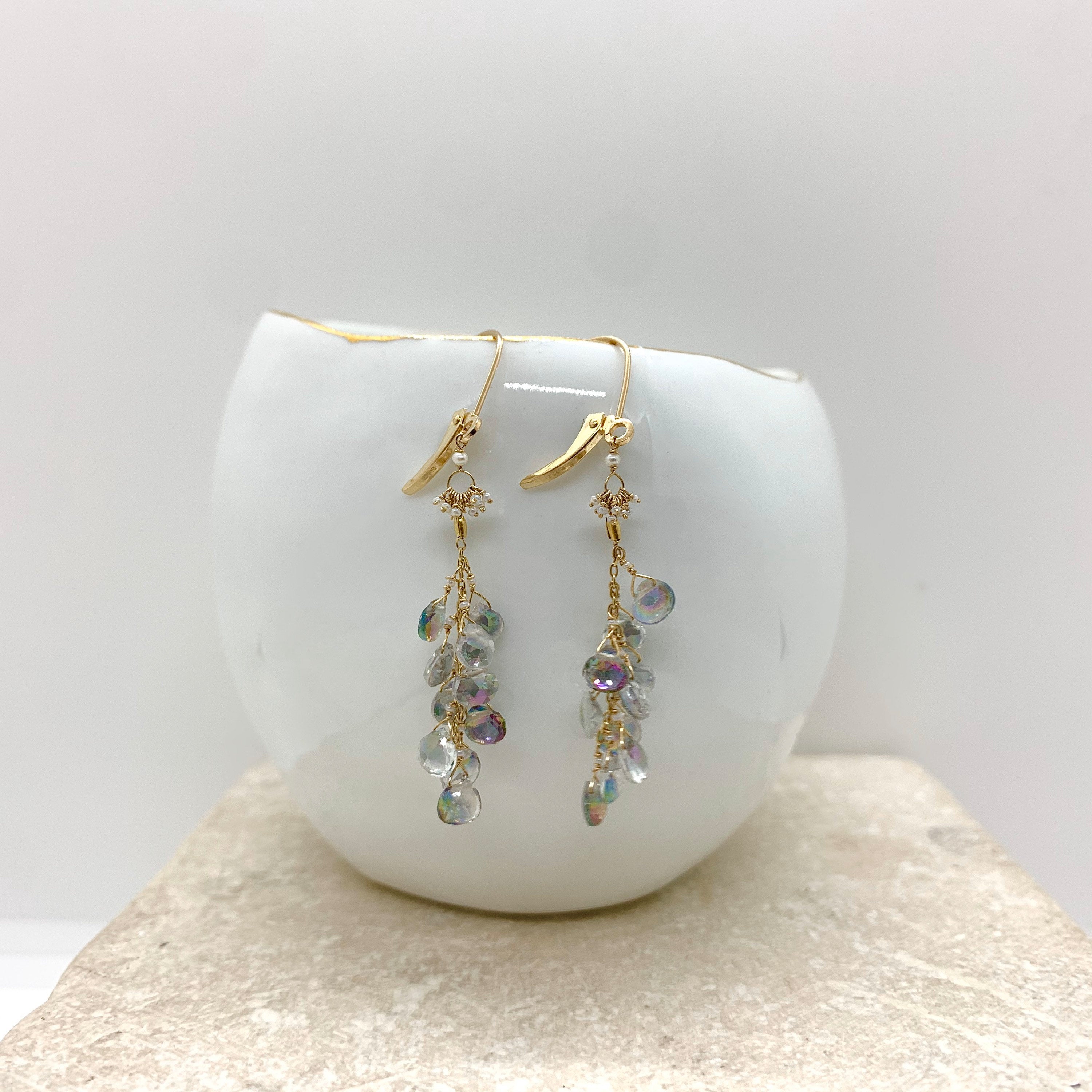 14k Gold Earrings w/ Mystic Topaz, 18k Gold Nugget & Antique Italian Beads