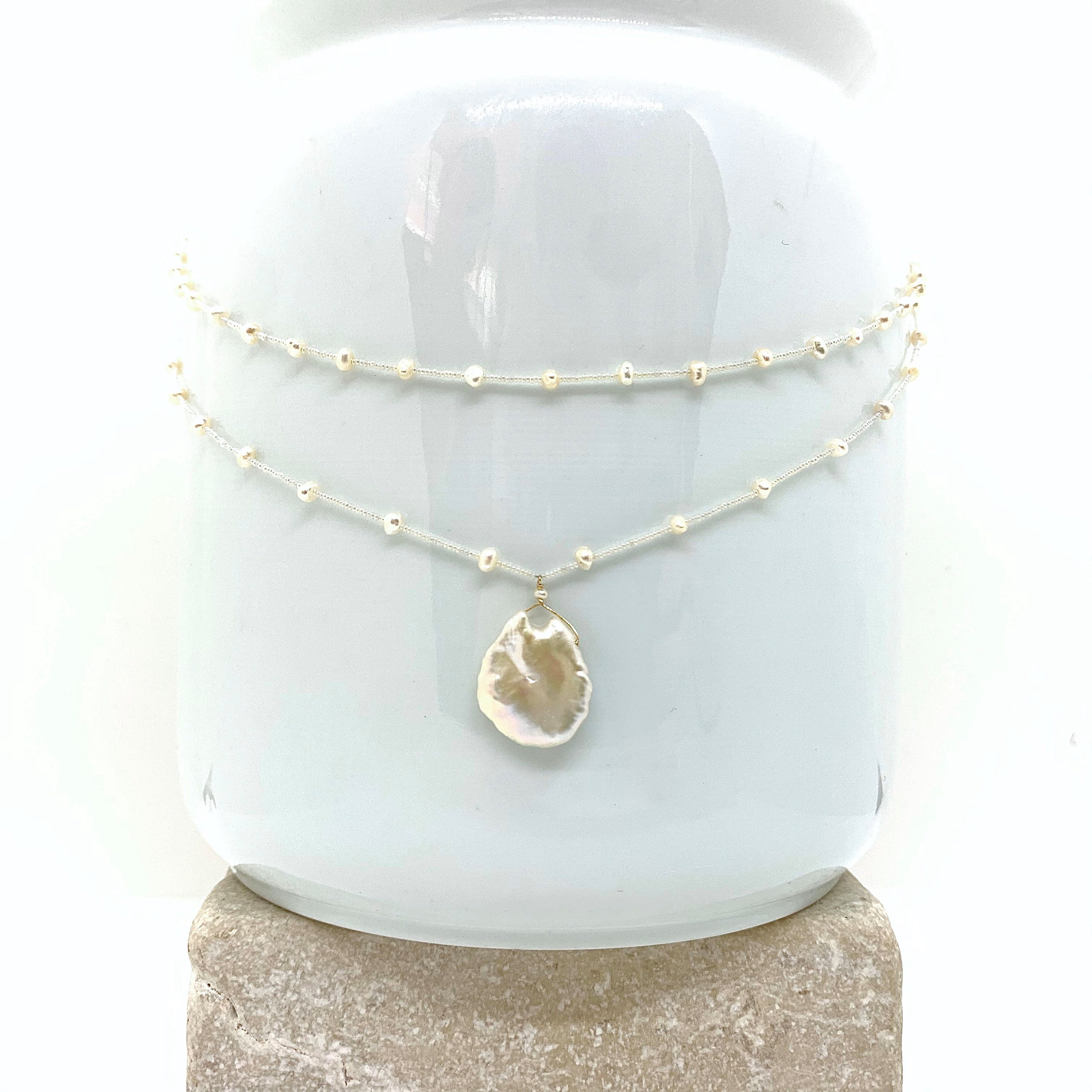 14k Gold Chain Necklace w/ Freshwater Pearls & Antique Italian Beads