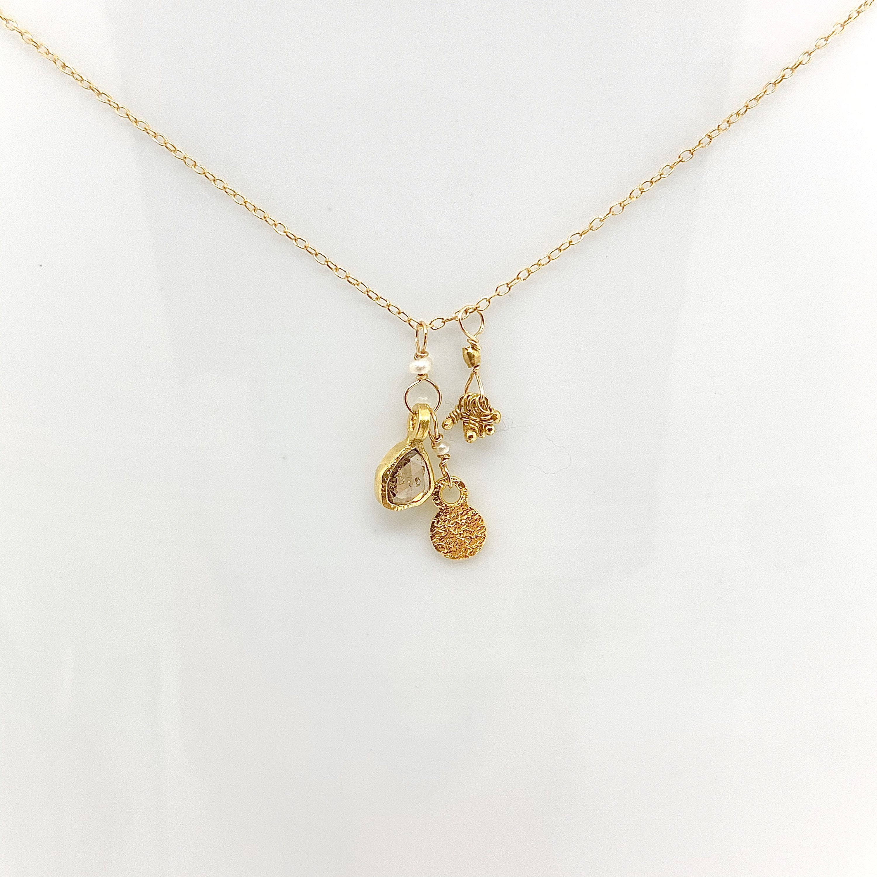 14k Gold Chain Necklace w/ 18k Gold Diamond Pendant, 18k Gold Nuggets, 18k Gold Flat Pendant & Freshwater Pearl