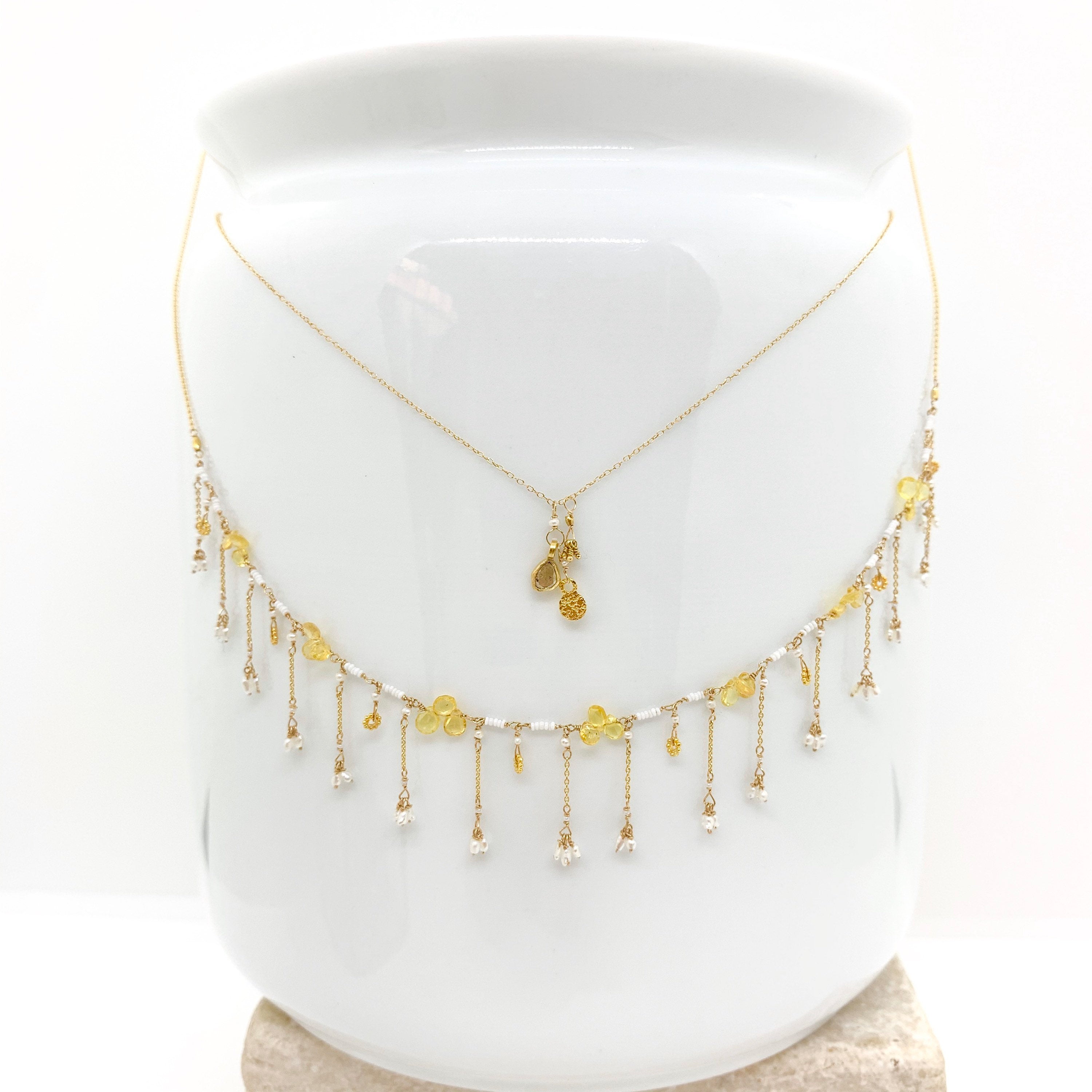 14k Gold Chain Necklace w/ 18k Gold Diamond Pendant, 18k Gold Nuggets, 18k Gold Flat Pendant & Freshwater Pearl