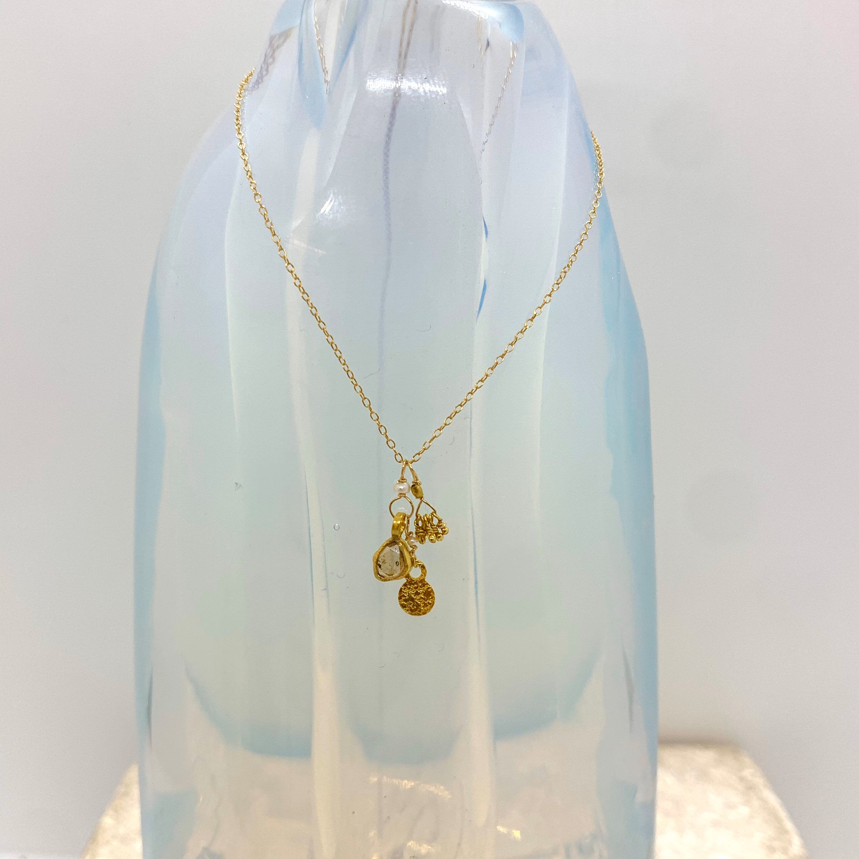 14k Gold Chain Necklace w/ 18k Gold Diamond Pendant, 18k Gold Nuggets, 18k Gold Flat Pendant & Freshwater Pearl