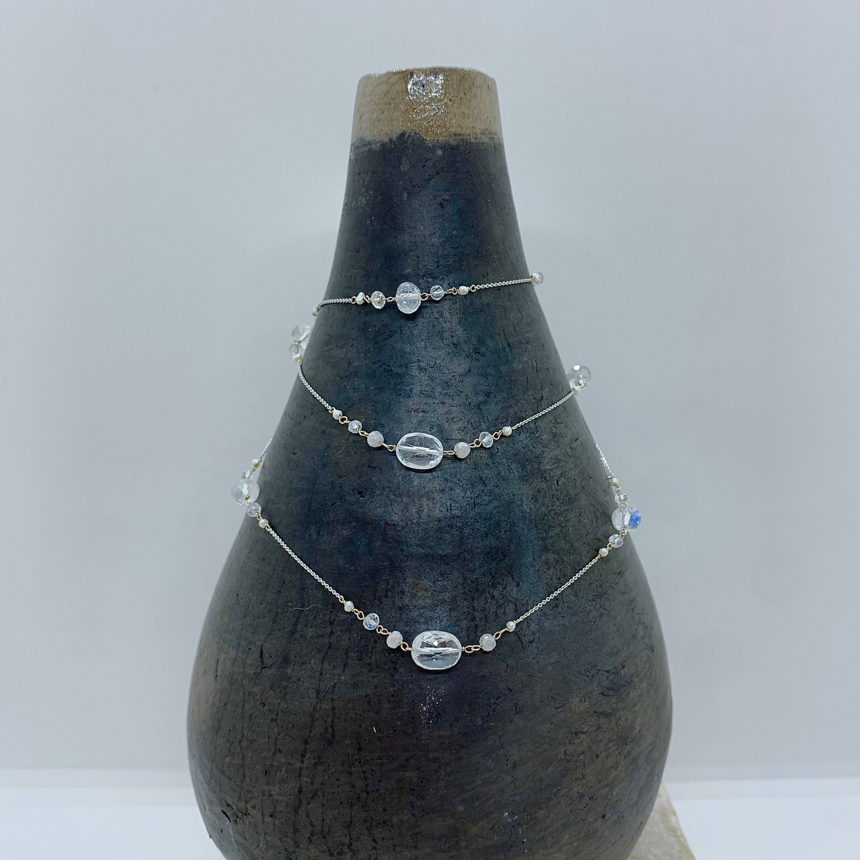 14K GOLD CHAIN Necklace - White Gold Necklace - Moonstone Necklace - Freshwater Pearls - Women Gold Jewelry - White Gold Chain