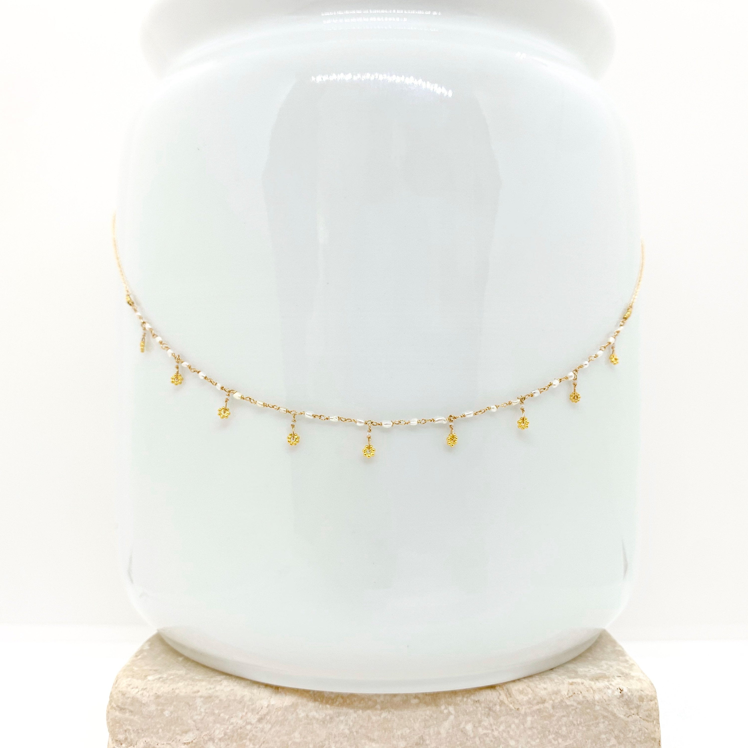 14k Gold Chain Necklace w/ Keshi Pearls, 18k Gold Daisies, 18k Gold Nuggets & Antique Italian Beads