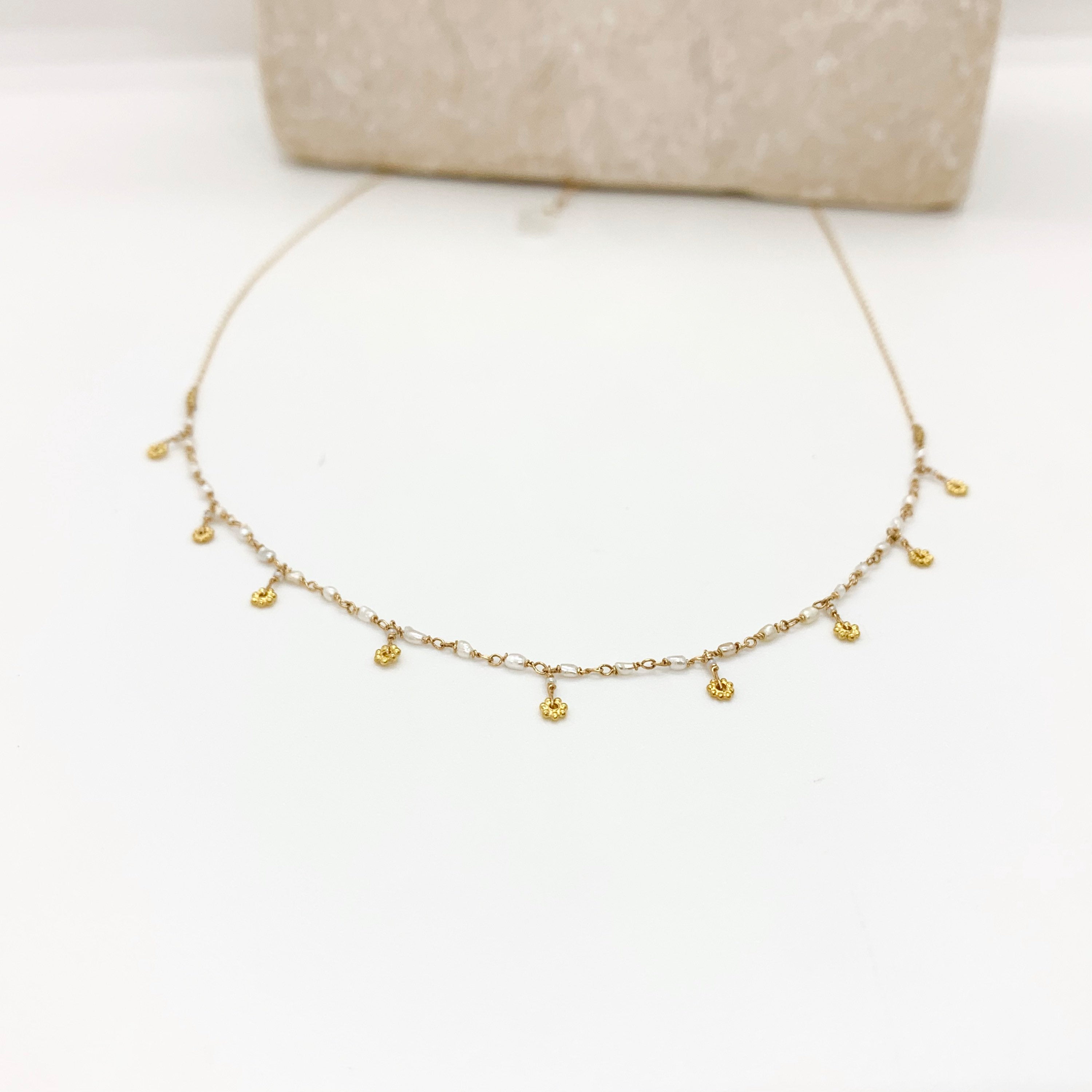 14k Gold Chain Necklace w/ Keshi Pearls, 18k Gold Daisies, 18k Gold Nuggets & Antique Italian Beads