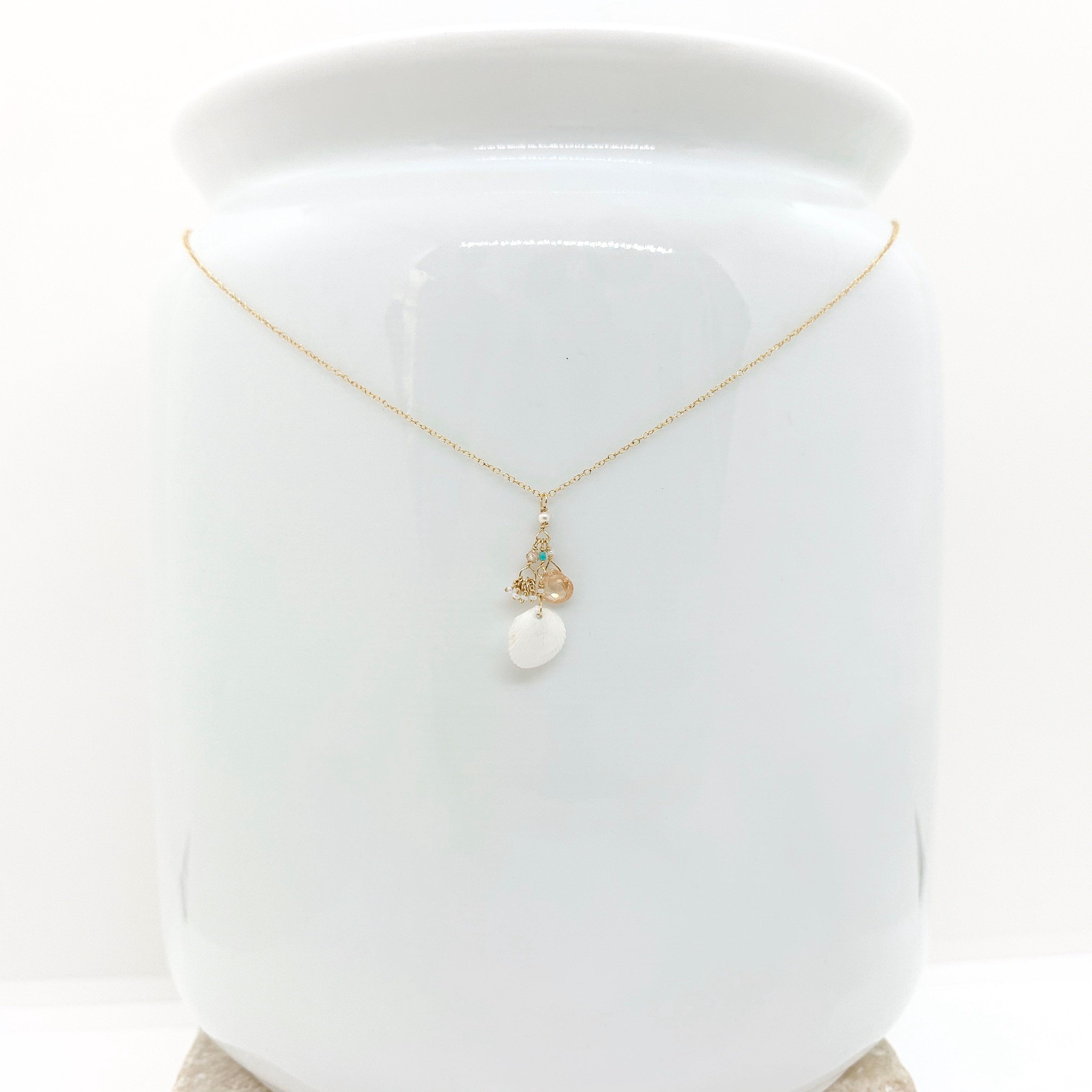 14k Gold Chain Necklace w/ Seashell, Cubic Zirconia, Quartz, Turquoise, Freshwater Pearl & Antique Italian Beads